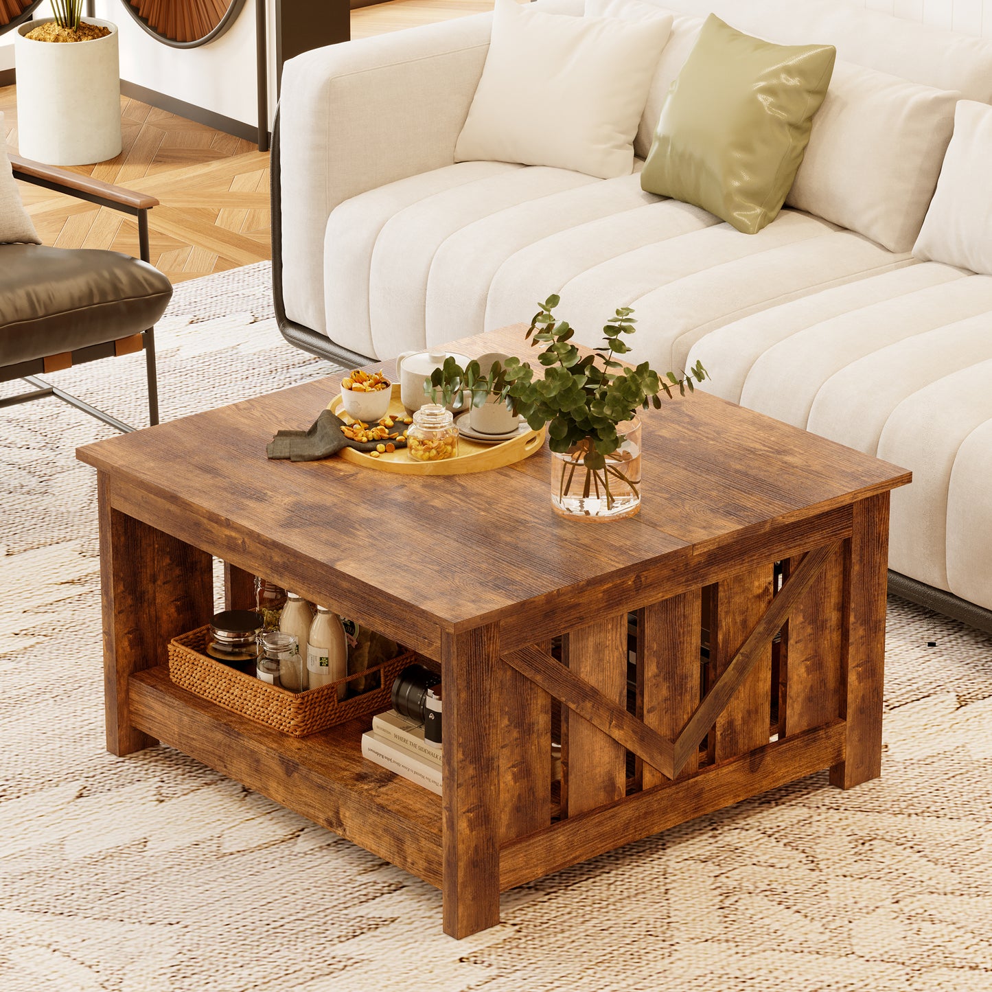 WOWLIVE Lift Top Farmhouse Coffee Table with Storage, Wood Cocktail Table