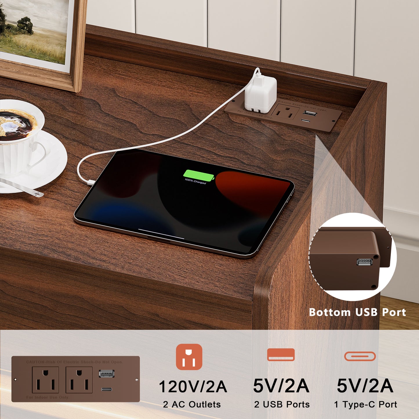 WOWLIVE Wooden Nightstand with 2 Drawers, Modern Bedside Table with Outlets & LED Lights, File Cabinet