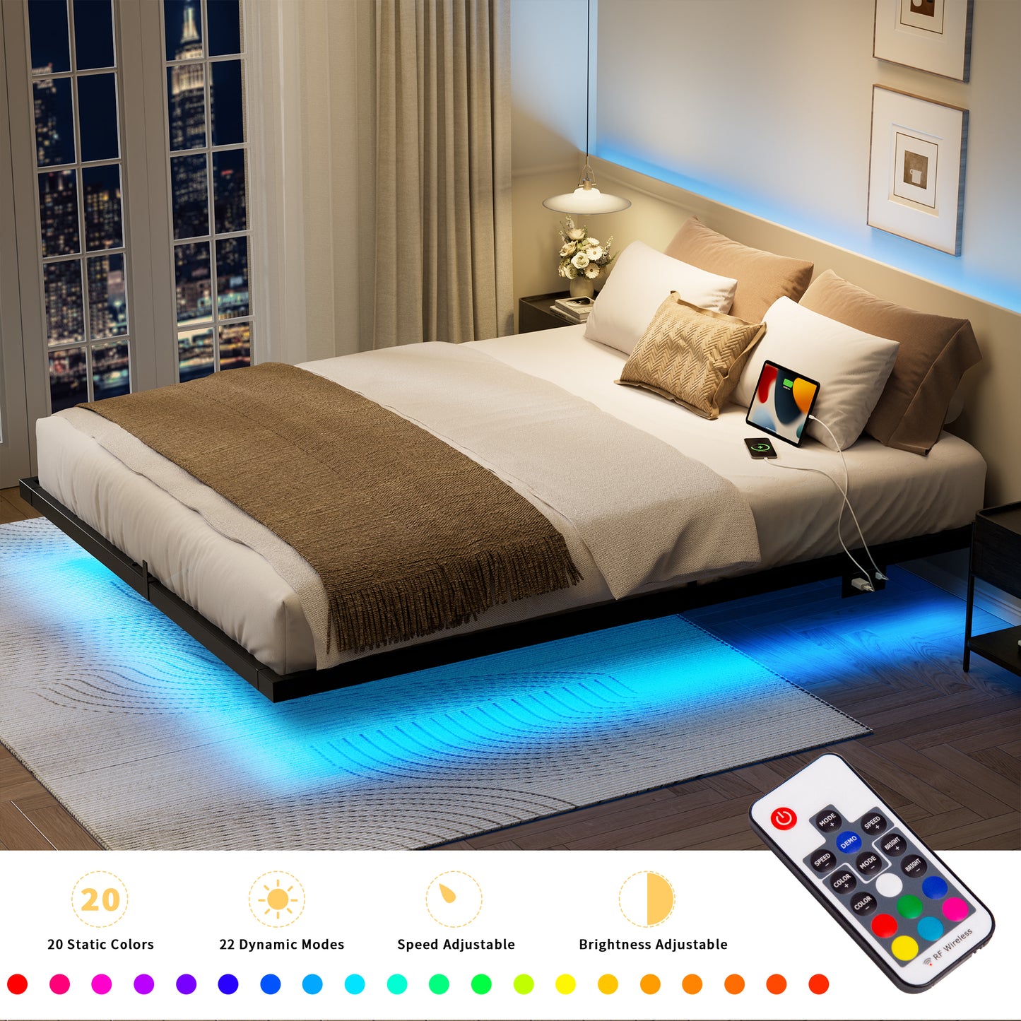 WOWLIVE Floating Bed Frame Twin/Full/Queen/King Size with Charging Station and LED Lights