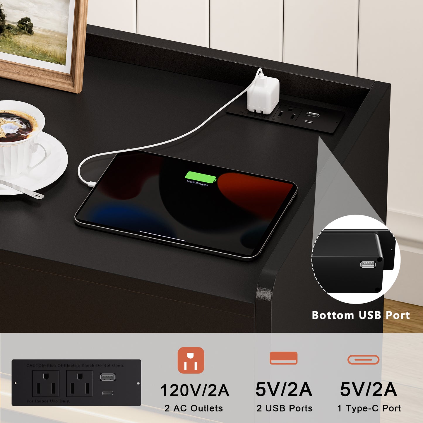 WOWLIVE Wooden Nightstand with 2 Drawers, Modern Bedside Table with Outlets & LED Lights, File Cabinet