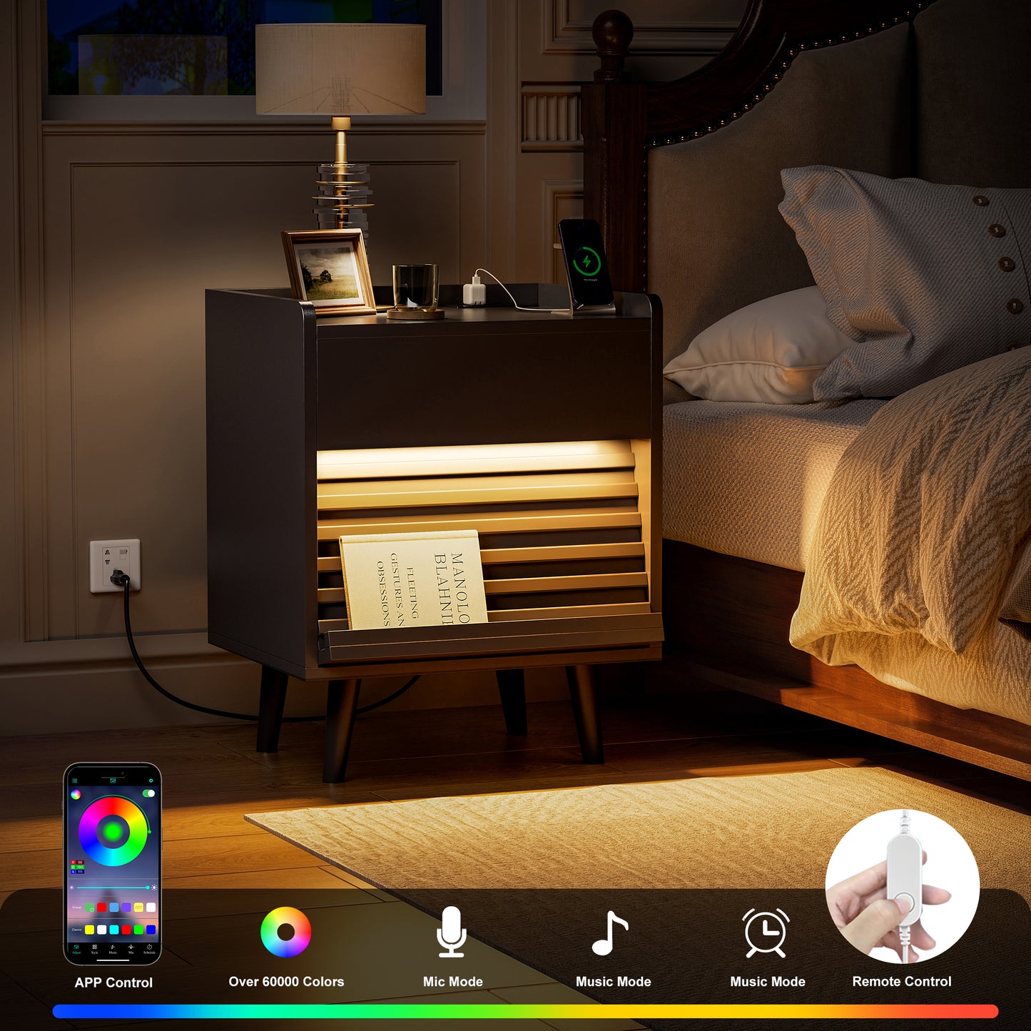 WOWLIVE Wooden Nightstand with 2 Drawers, Modern Bedside Table with Outlets & LED Lights, File Cabinet