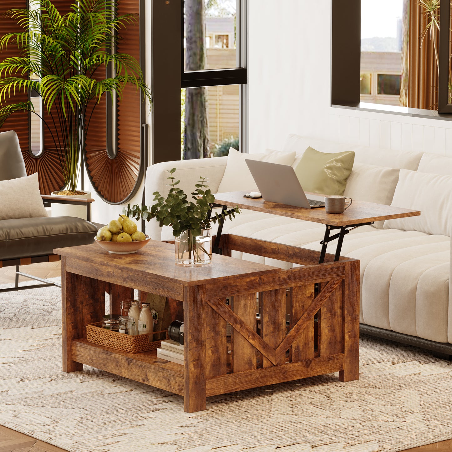 WOWLIVE Lift Top Farmhouse Coffee Table with Storage, Wood Cocktail Table