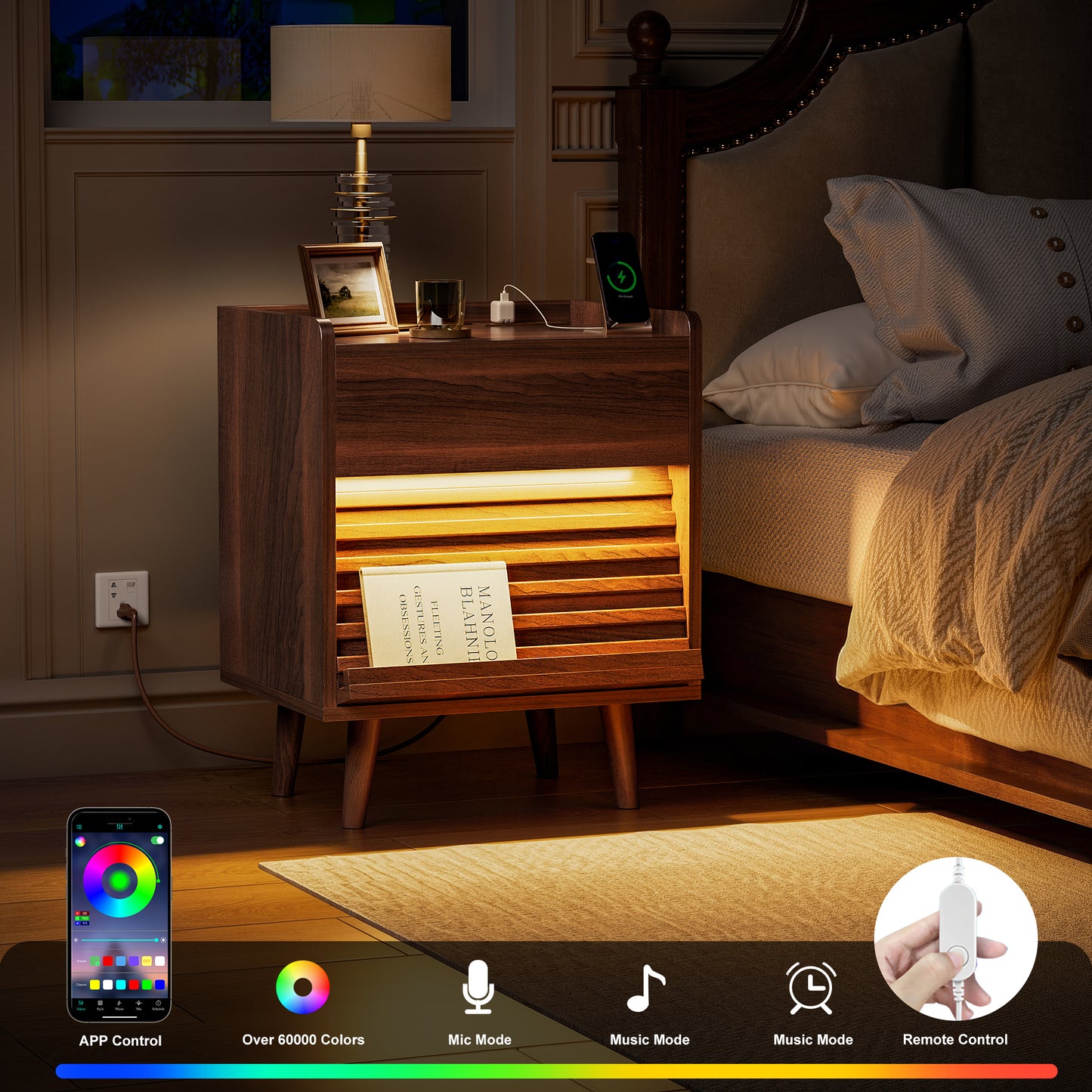 WOWLIVE Wooden Nightstand with 2 Drawers, Modern Bedside Table with Outlets & LED Lights, File Cabinet