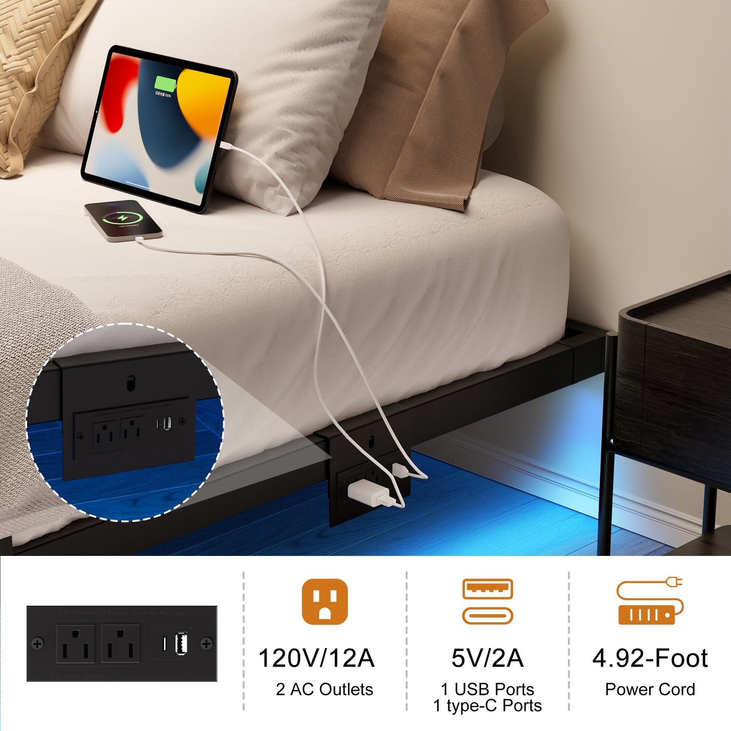 WOWLIVE Floating Bed Frame Twin/Full/Queen/King Size with Charging Station and LED Lights
