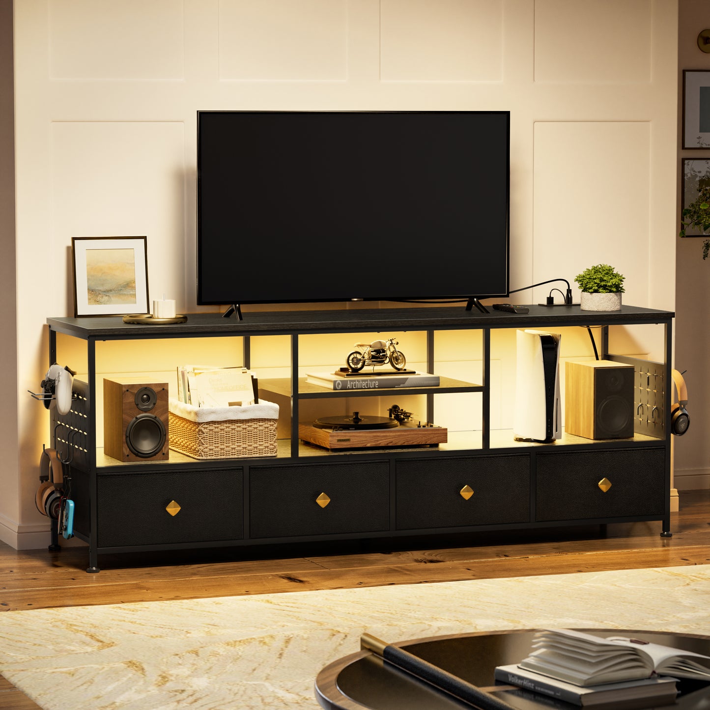 WOWLIVE TV Stand for TVs up to 70", Large LED Media Console with Charging Station
