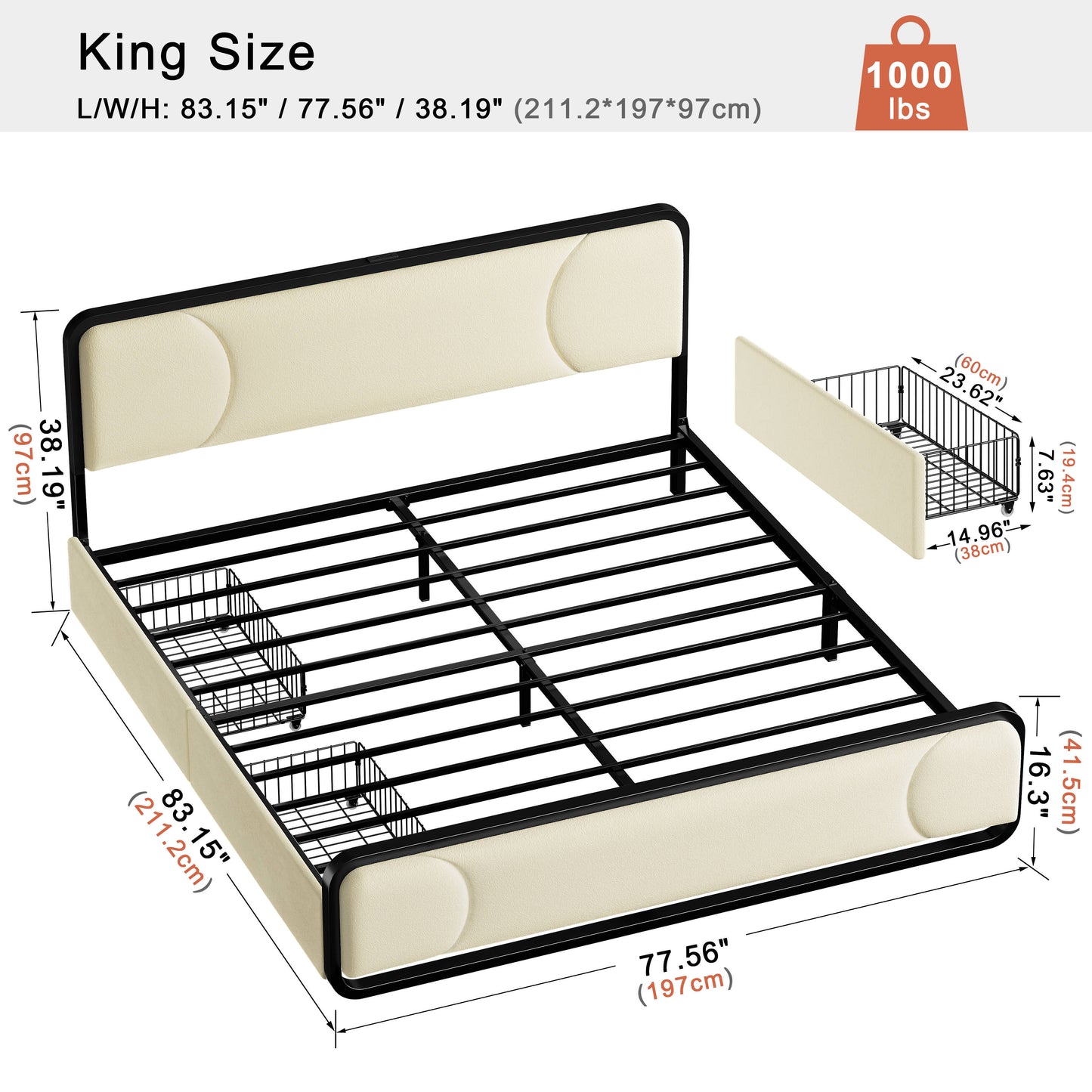 WOWLIVE Full/Queen/King Platform Bed with 2 Storage Drawers, Modern Bed Frame with Charging Station, No Spring Boxing Needed