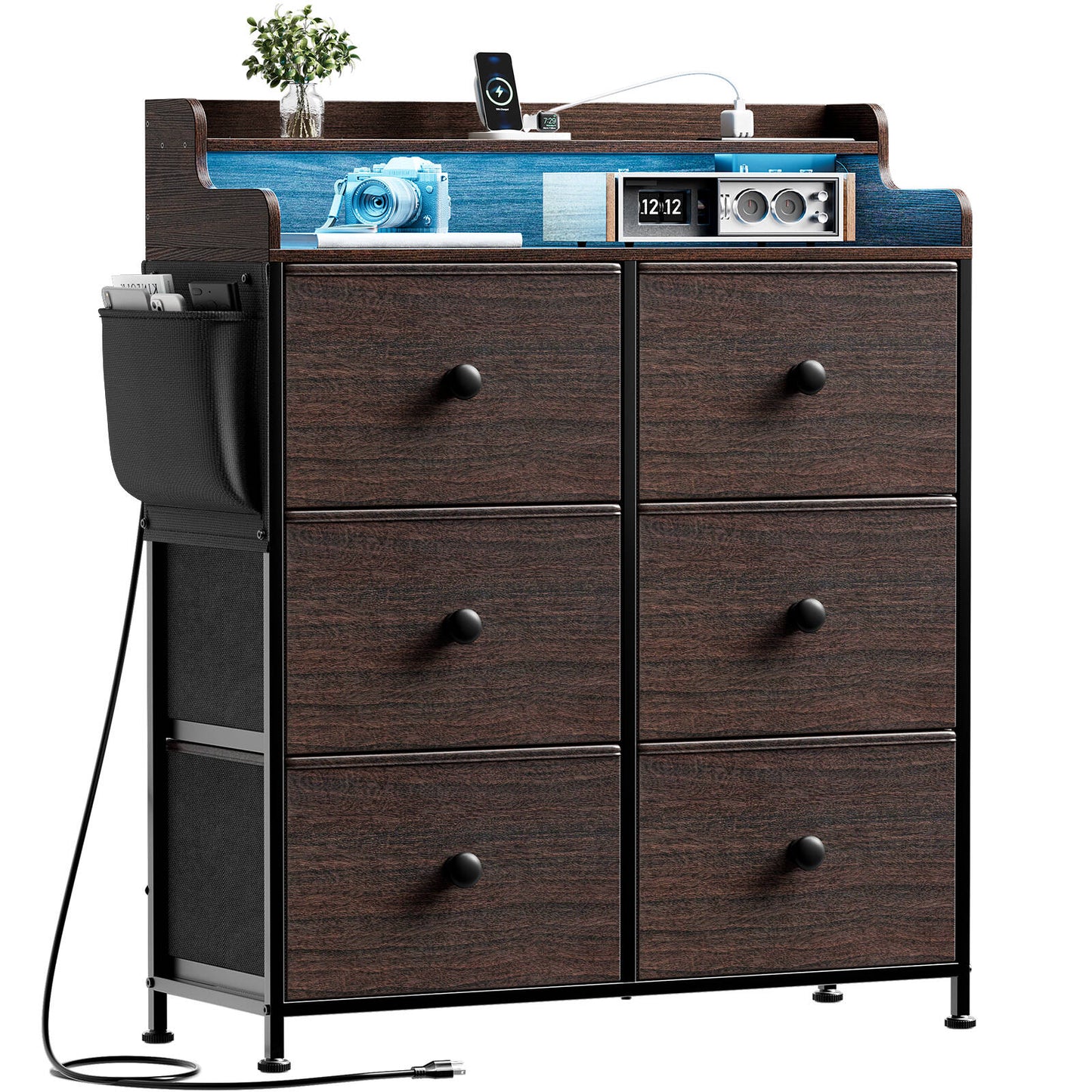 WOWLIVE Dresser for Bedroom with Charging Station and LED Lights, 6 Drawers Dresser TV Stand with Wooden Top, Tall Fabric Chest of Drawer with Sturdy Frame for Closet