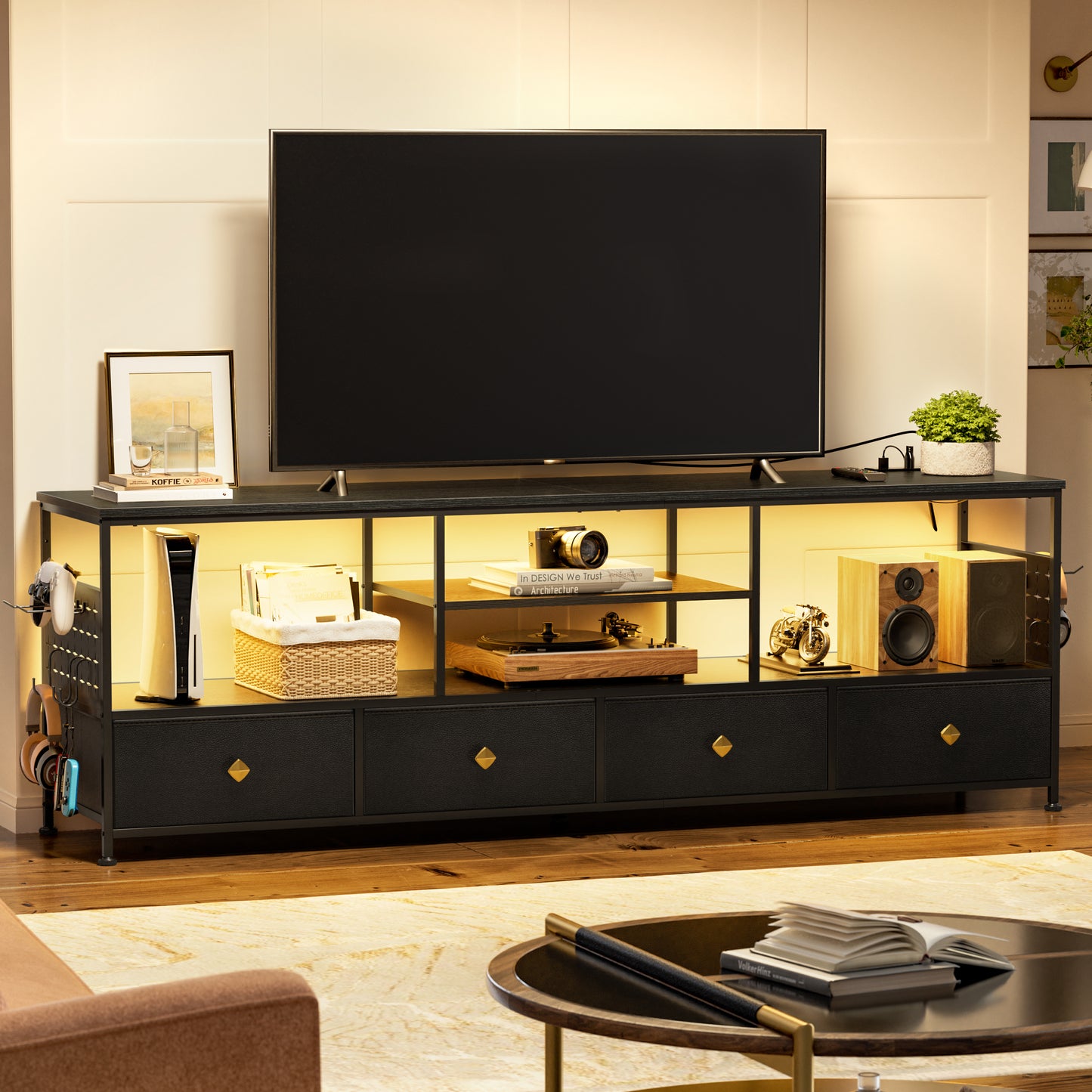 WOWLIVE TV Stand for TVs up to 70", Large LED Media Console with Charging Station