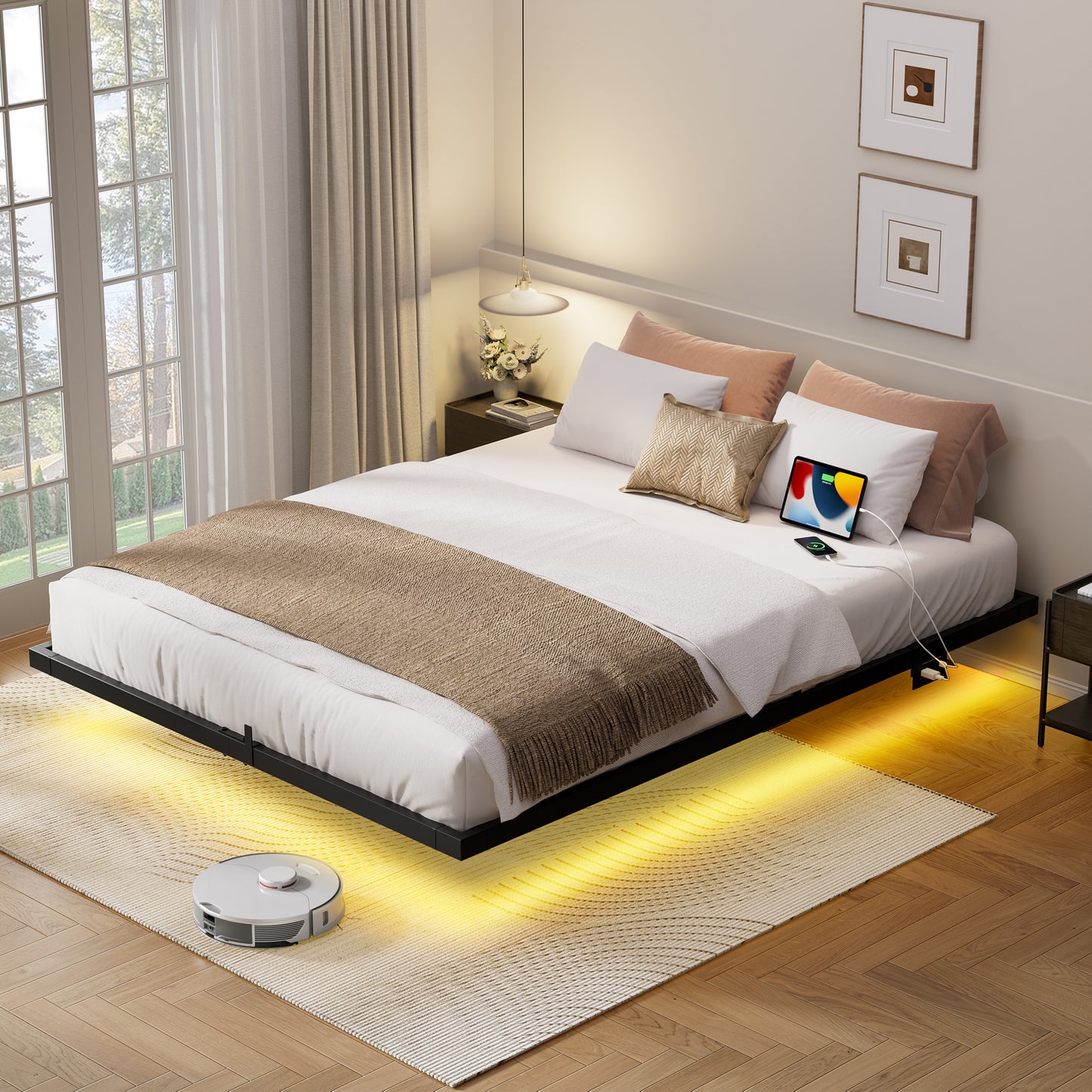 WOWLIVE Floating Bed Frame Twin/Full/Queen/King Size with Charging Station and LED Lights