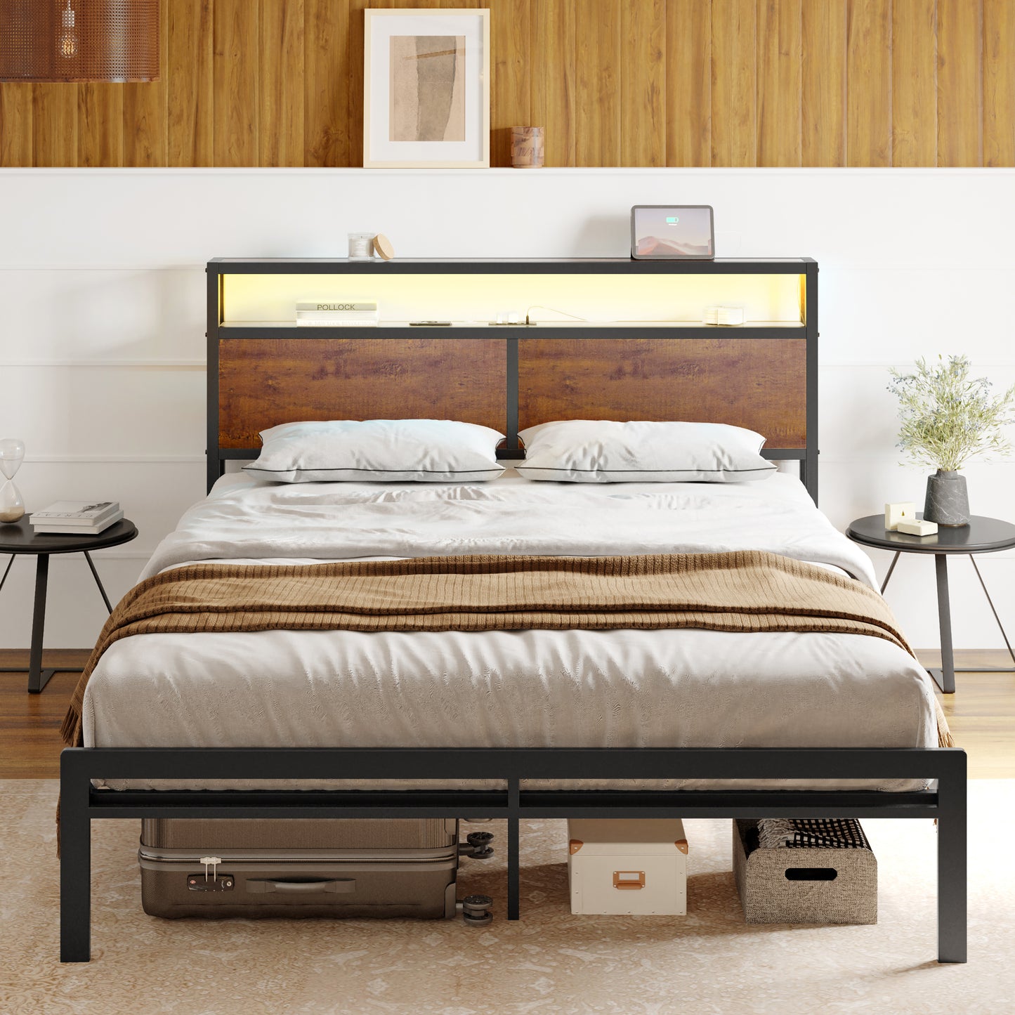WOWLIVE Bed Frame with LED Light and Charging Station, Metal Frame with Storage Headboard, Large Storage Space, No Spring Box Needed