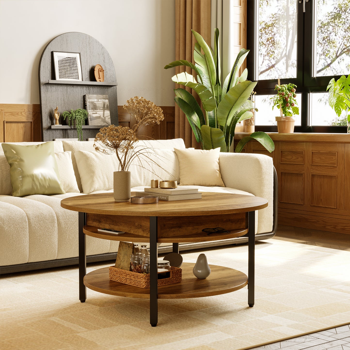 WOWLIVE 27"W Lift-Top Wood Coffee Table, Small Round Cocktail Table with Storage and Hidden Compartment for Living Room