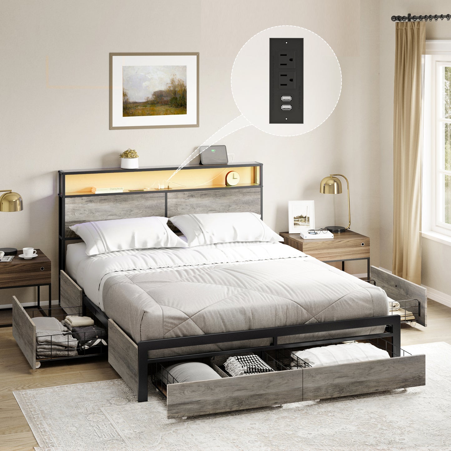WOWLIVE Bed Frame with 4 Drawers, Modern bed with LED Light and Charging Station, Storage Headboard, No Spring Box Needed