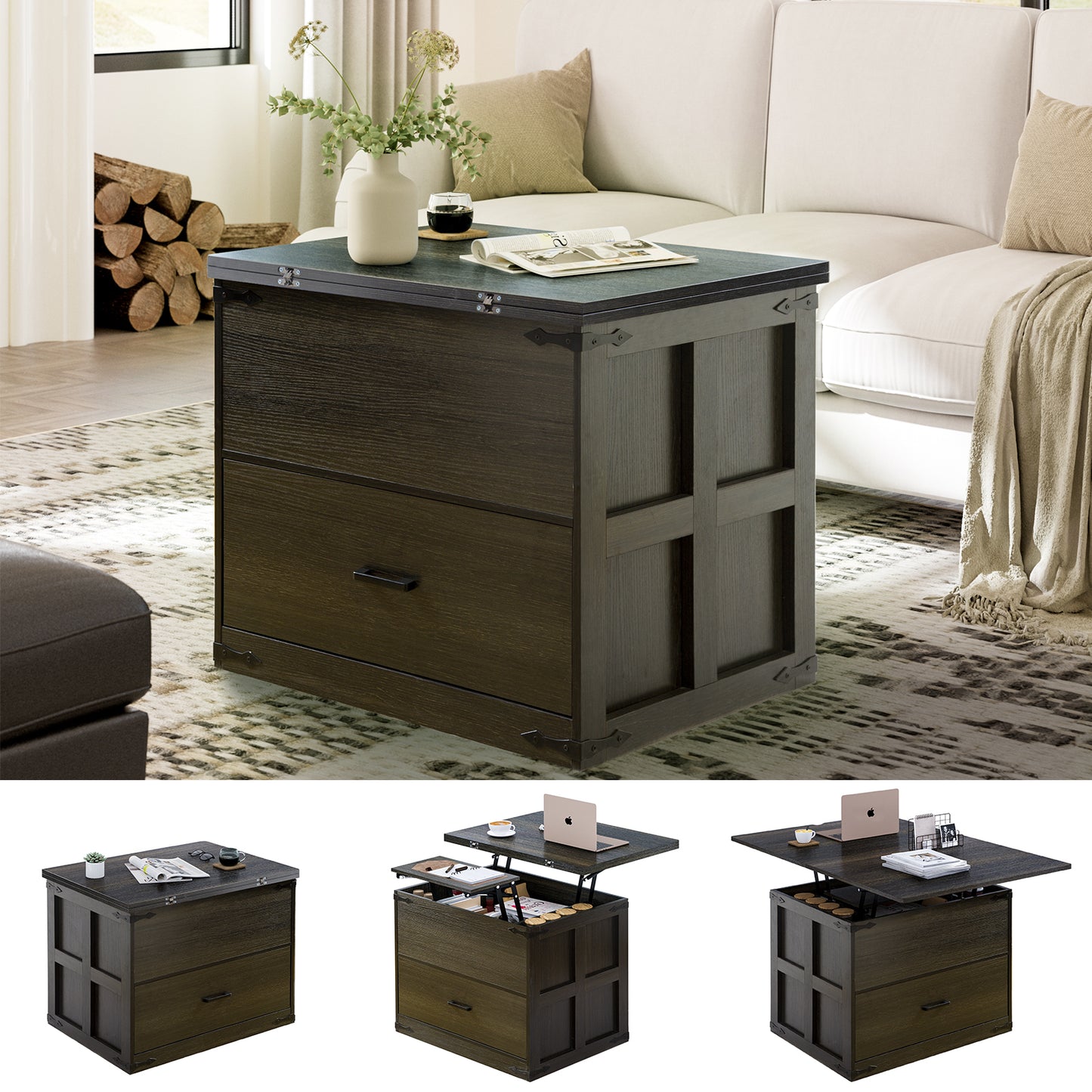 WOWLIVE Farmhourse Wood Square Coffee Table, Lift Top Coffee Table with 4-in-1 Storage