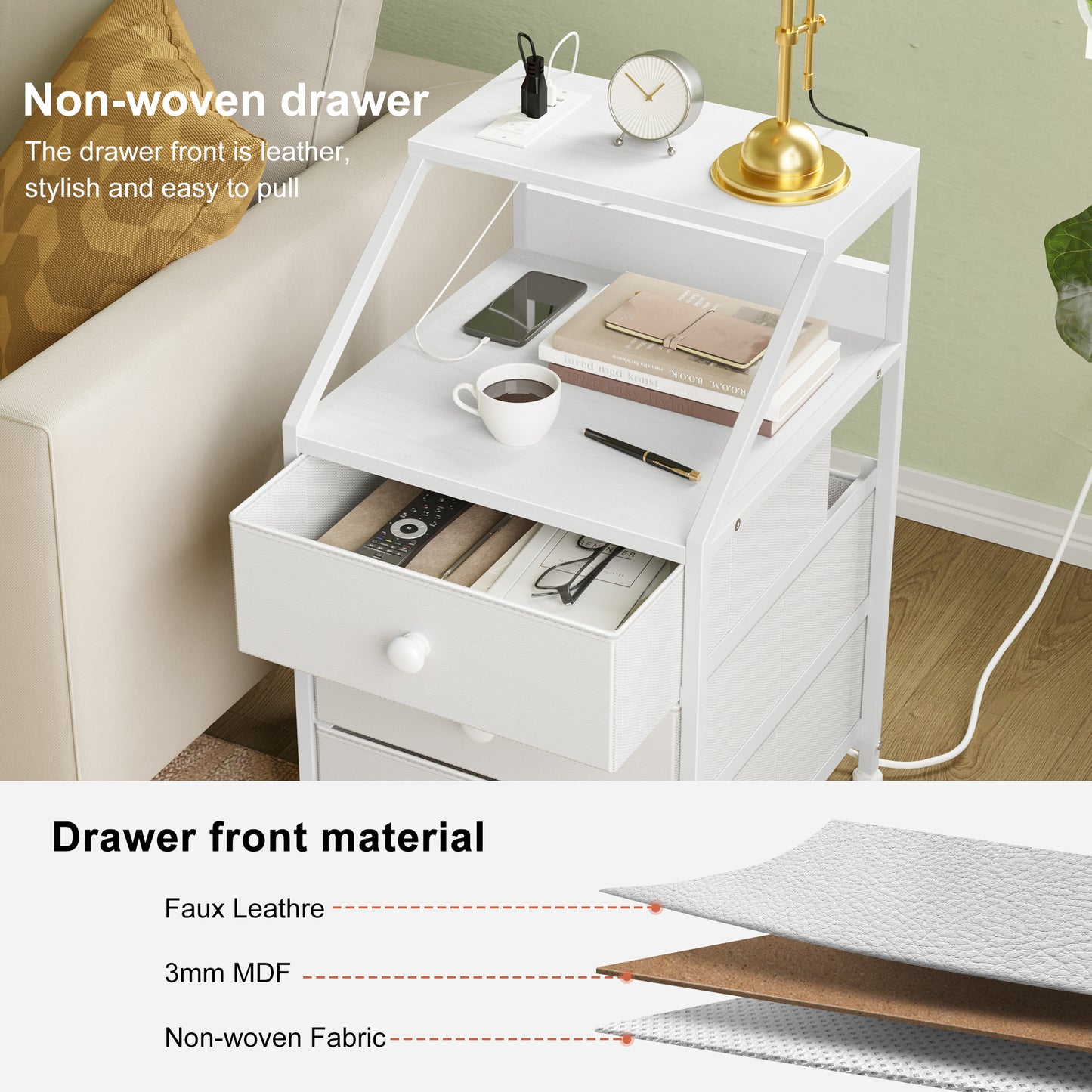 WOWLIVE Nightstands with 3 Drawers & Outlets, Bedside Tables with 2 USB Ports & 2-Tier Open Shelf