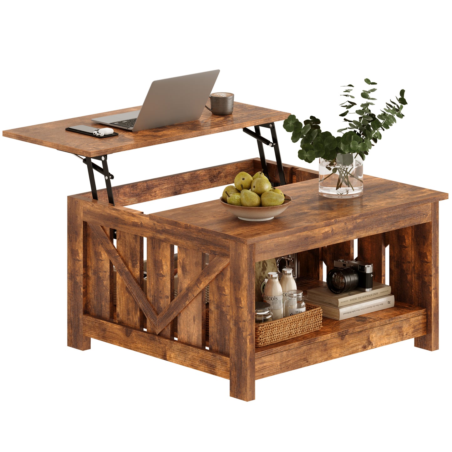 WOWLIVE Lift Top Farmhouse Coffee Table with Storage, Wood Cocktail Table