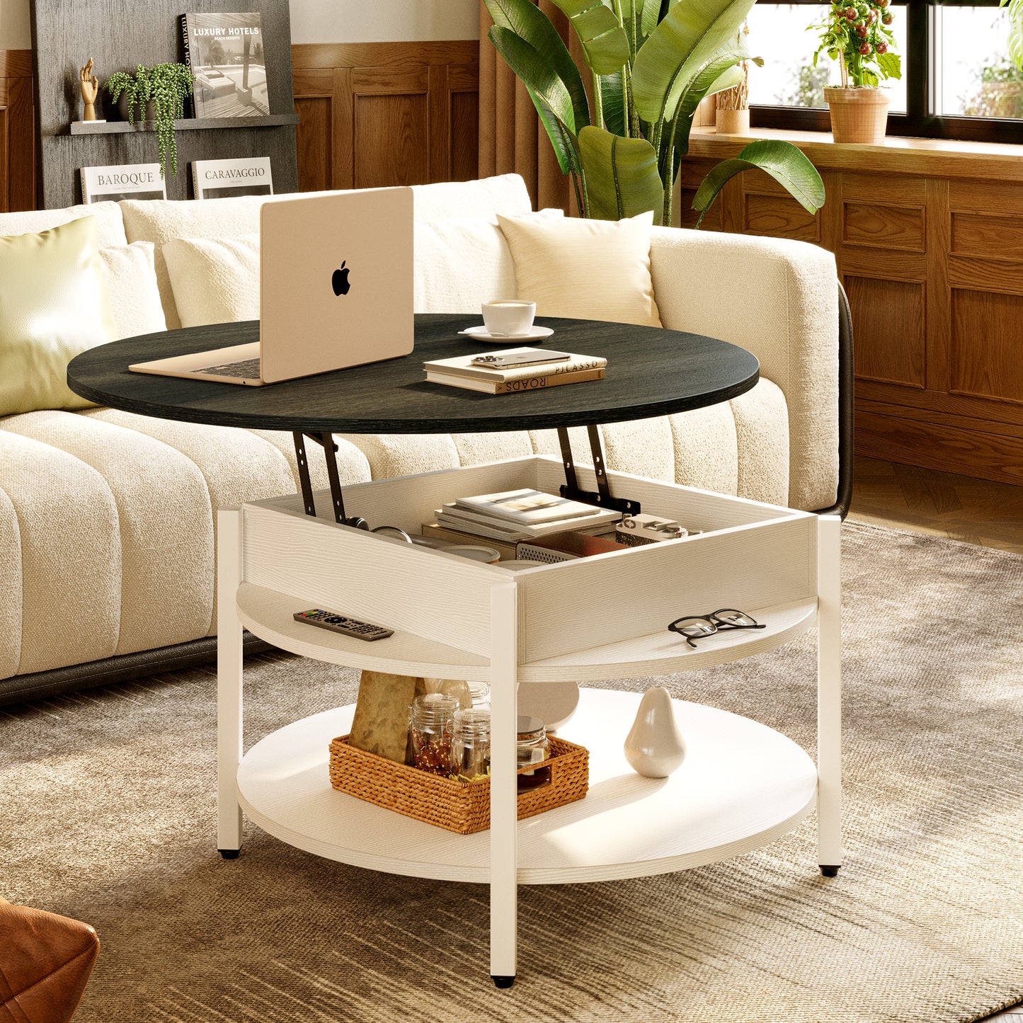 WOWLIVE 27"W Lift-Top Wood Coffee Table, Small Round Cocktail Table with Storage and Hidden Compartment for Living Room