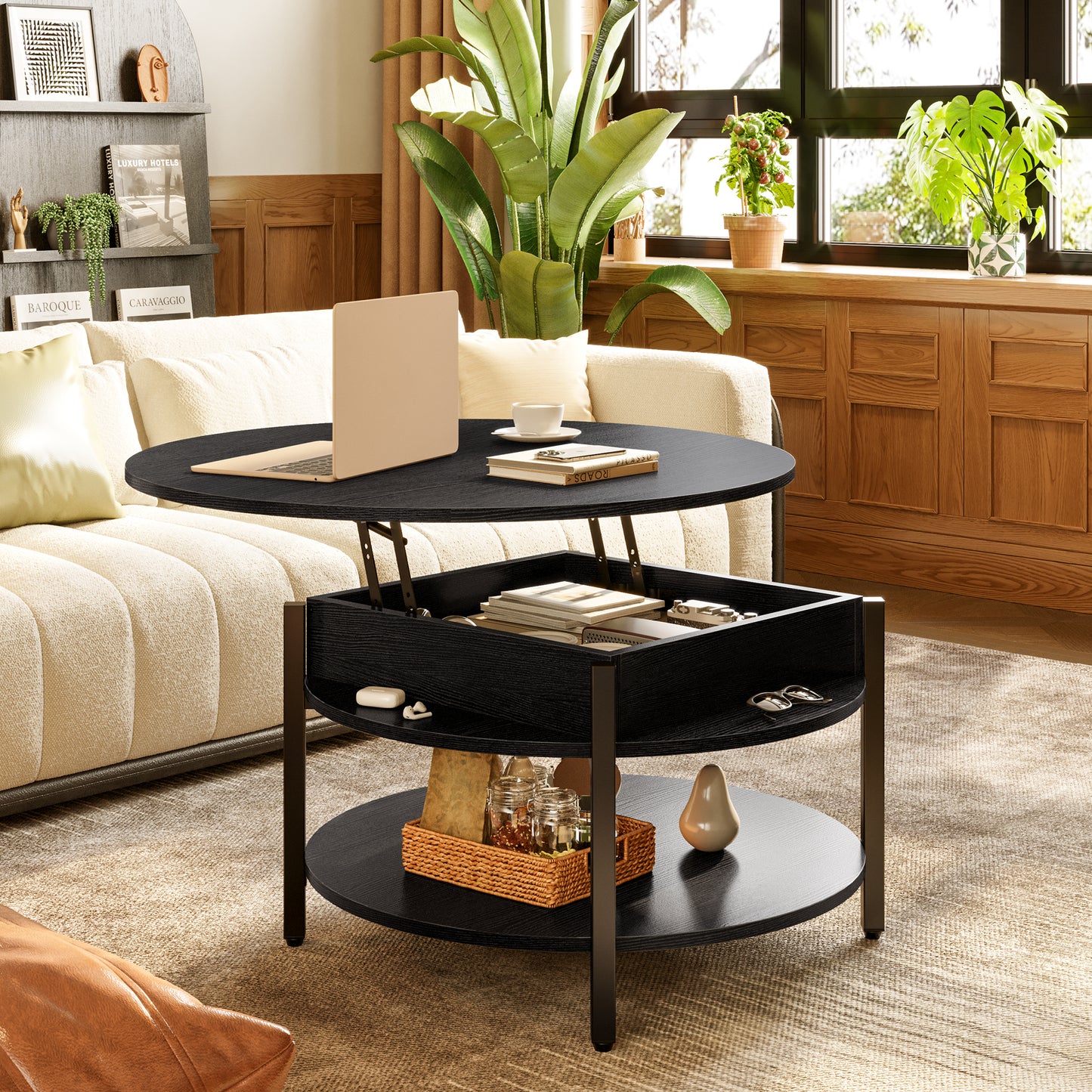 WOWLIVE 27"W Lift-Top Wood Coffee Table, Small Round Cocktail Table with Storage and Hidden Compartment for Living Room