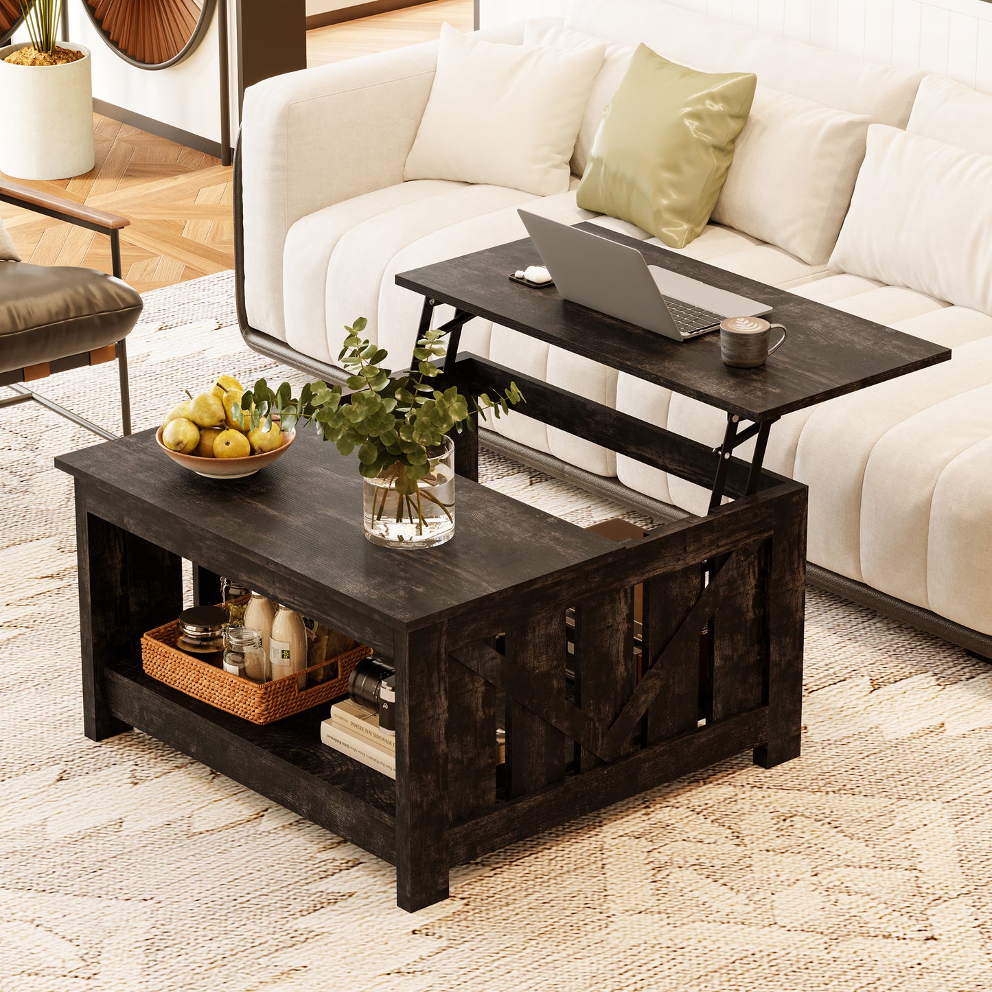 WOWLIVE Lift Top Farmhouse Coffee Table with Storage, Wood Cocktail Table