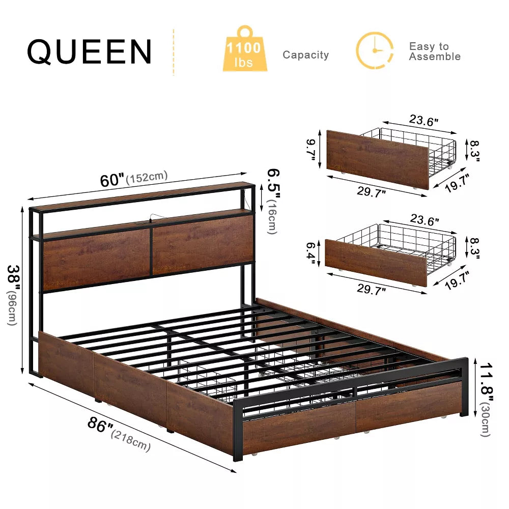 WOWLIVE Bed Frame with 4 Drawers, Modern bed with LED Light and Charging Station, Storage Headboard, No Spring Box Needed