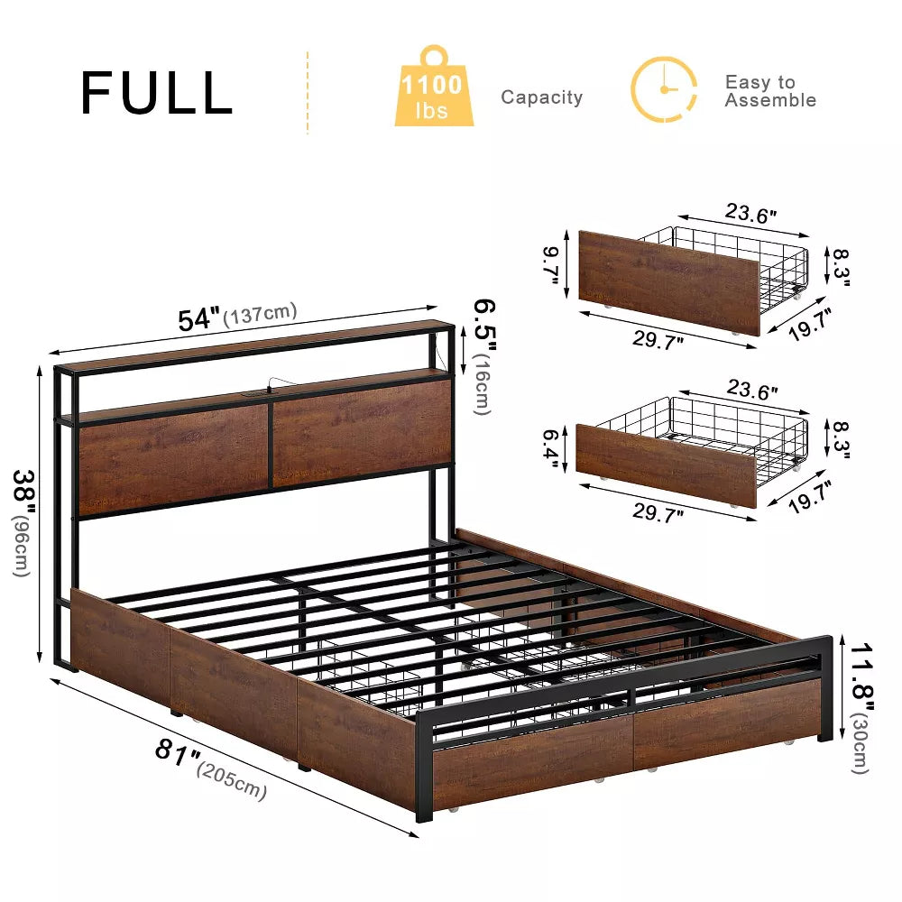 WOWLIVE Bed Frame with 4 Drawers, Modern bed with LED Light and Charging Station, Storage Headboard, No Spring Box Needed