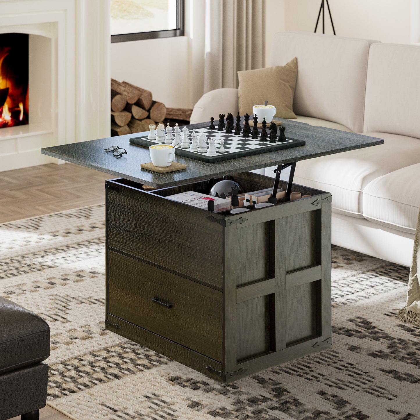 WOWLIVE Farmhourse Wood Square Coffee Table, Lift Top Coffee Table with 4-in-1 Storage