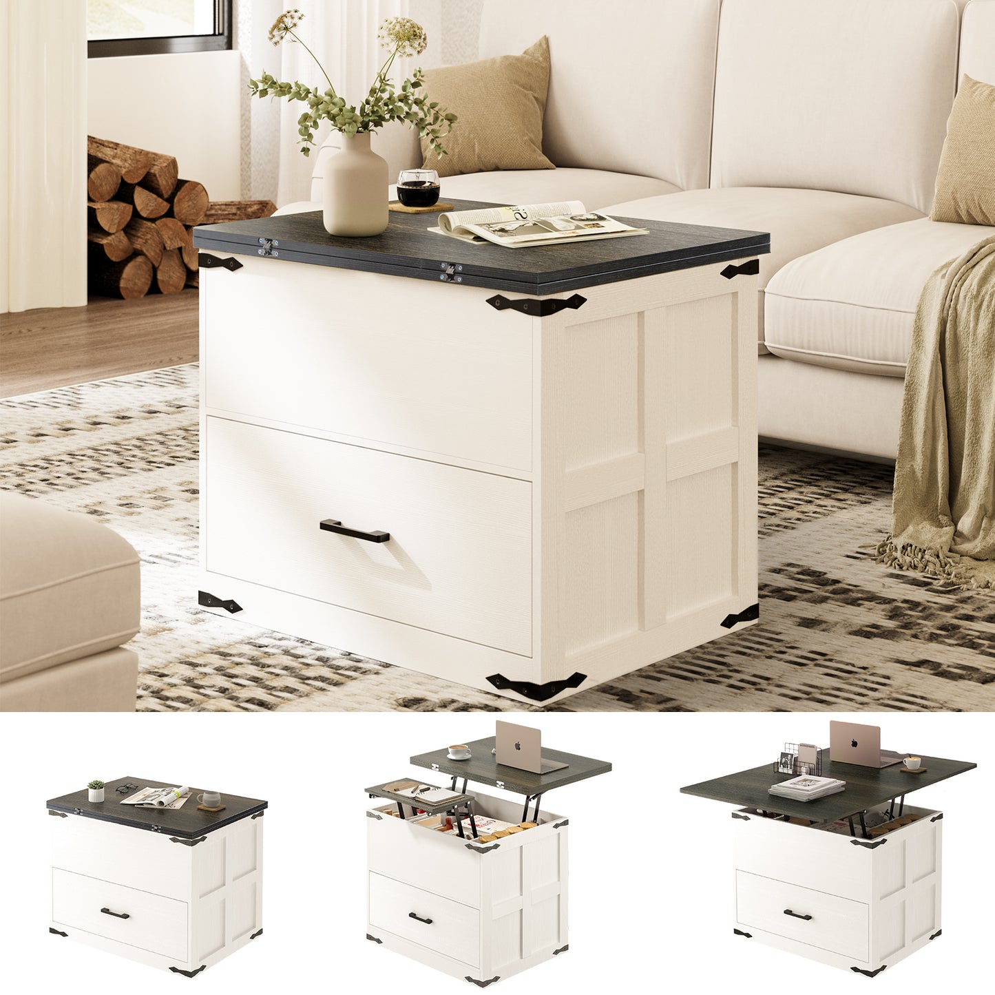 WOWLIVE Farmhourse Wood Square Coffee Table, Lift Top Coffee Table with 4-in-1 Storage