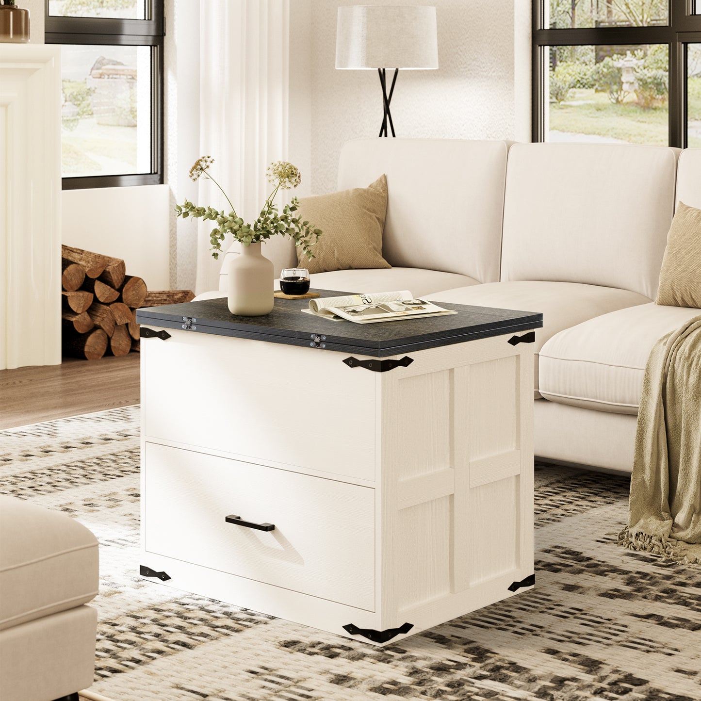 WOWLIVE Farmhourse Wood Square Coffee Table, Lift Top Coffee Table with 4-in-1 Storage