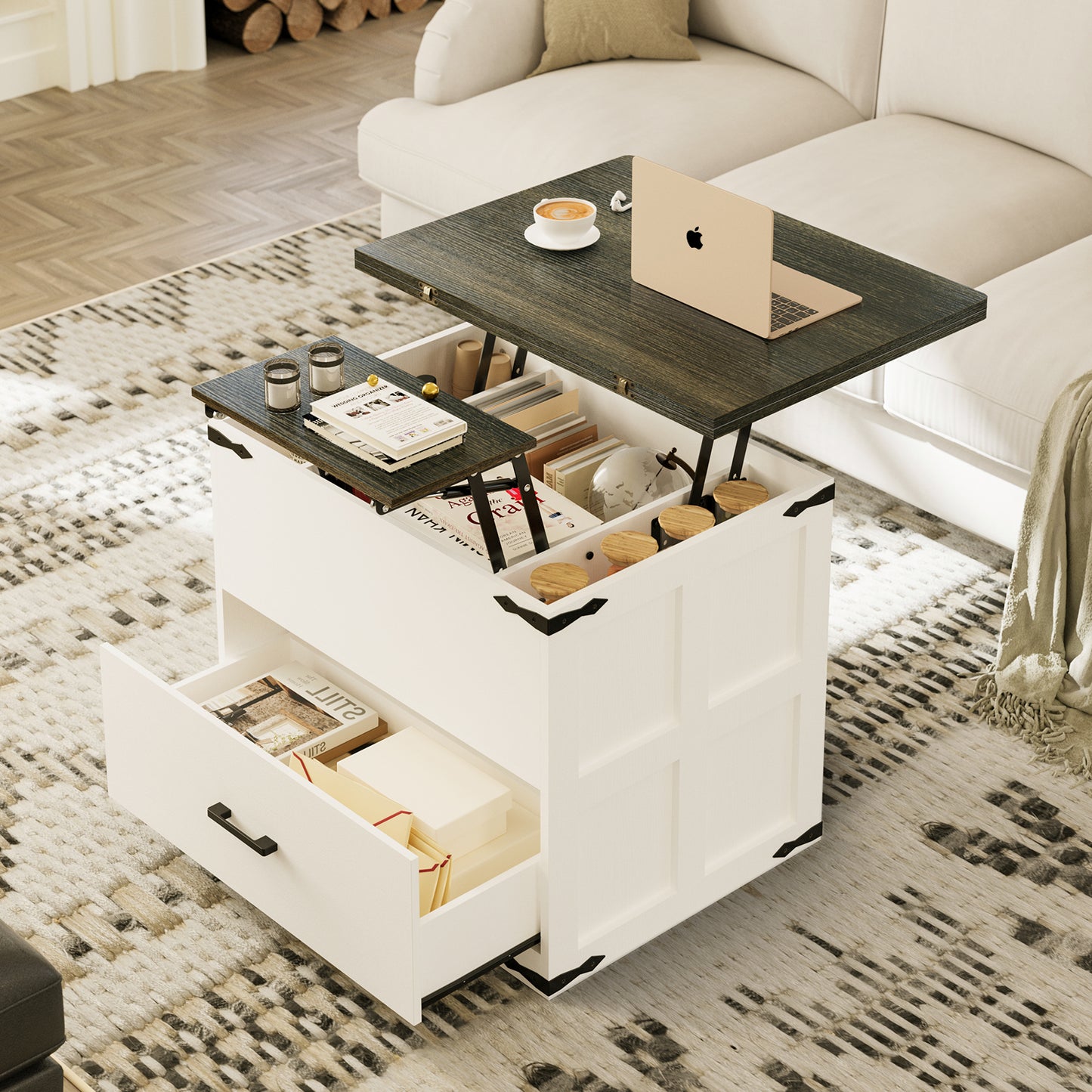 WOWLIVE Farmhourse Wood Square Coffee Table, Lift Top Coffee Table with 4-in-1 Storage
