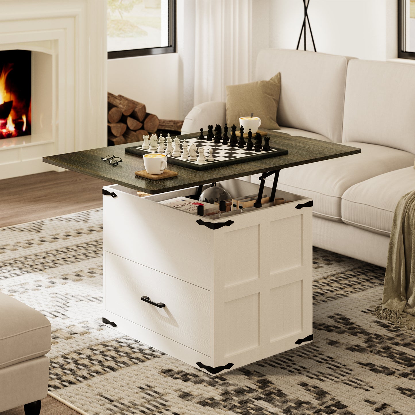 WOWLIVE Farmhourse Wood Square Coffee Table, Lift Top Coffee Table with 4-in-1 Storage