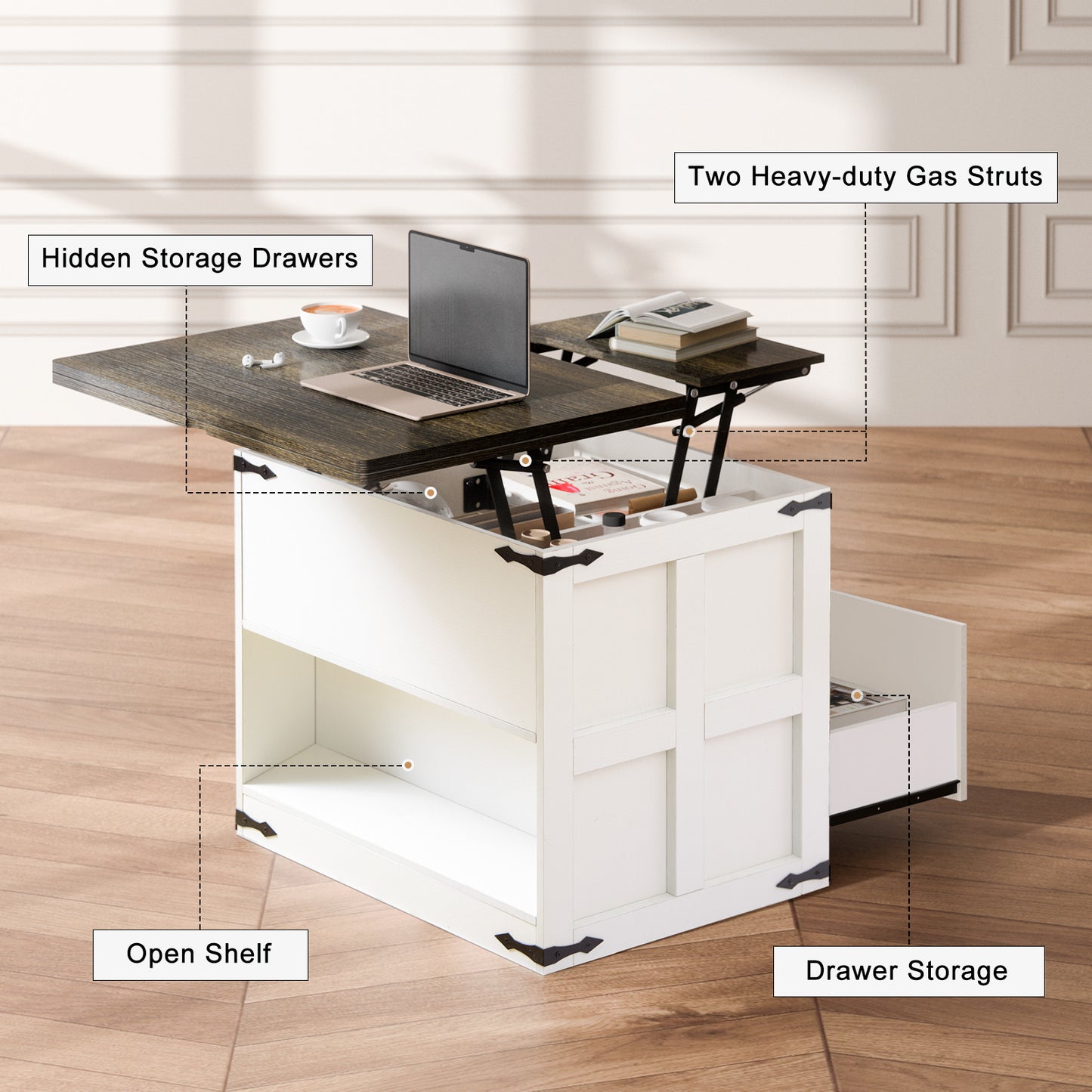 WOWLIVE Farmhourse Wood Square Coffee Table, Lift Top Coffee Table with 4-in-1 Storage