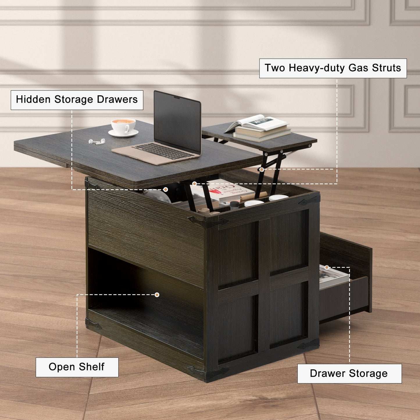 WOWLIVE Farmhourse Wood Square Coffee Table, Lift Top Coffee Table with 4-in-1 Storage