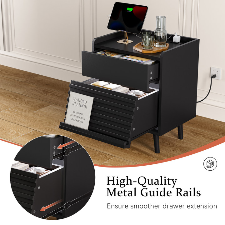 WOWLIVE Wooden Nightstand with 2 Drawers, Modern Bedside Table with Outlets & LED Lights, File Cabinet