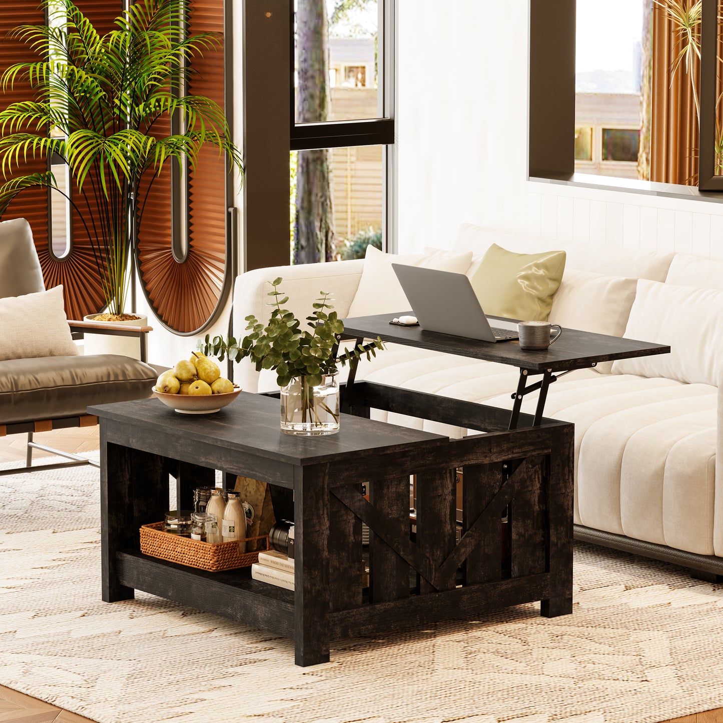 WOWLIVE Lift Top Farmhouse Coffee Table with Storage, Wood Cocktail Table