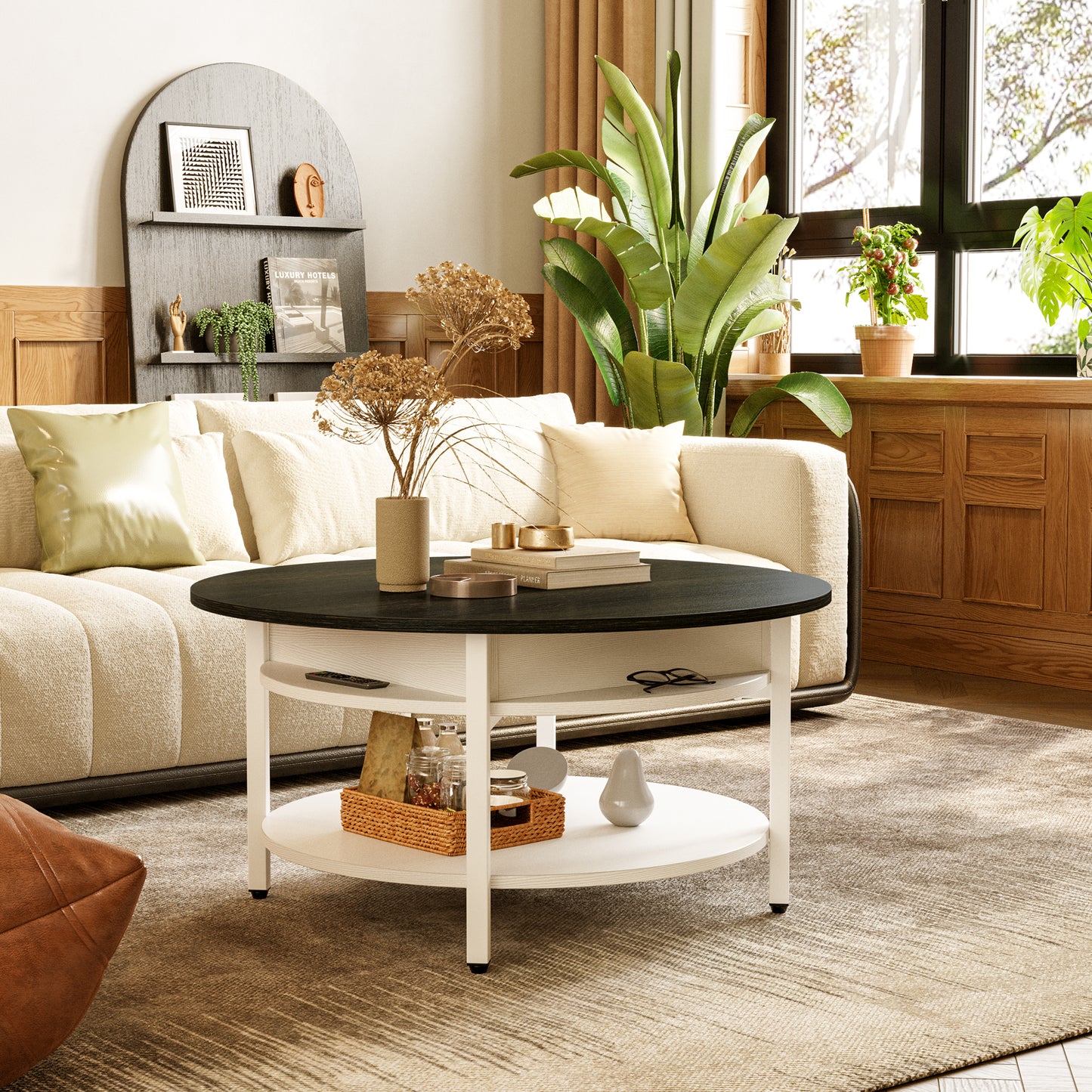 WOWLIVE 27"W Lift-Top Wood Coffee Table, Small Round Cocktail Table with Storage and Hidden Compartment for Living Room