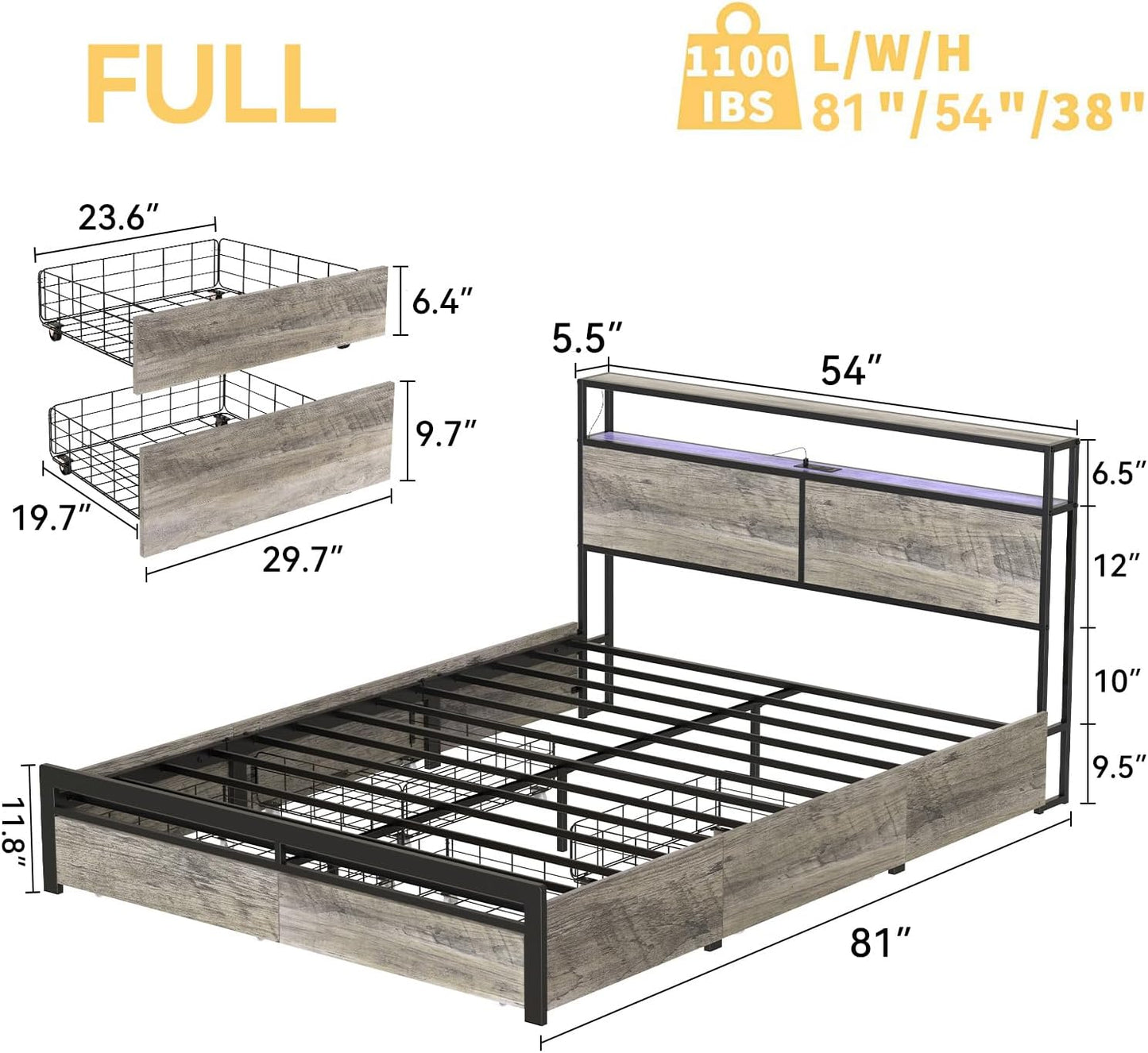 WOWLIVE Bed Frame with 4 Drawers, Modern bed with LED Light and Charging Station, Storage Headboard, No Spring Box Needed