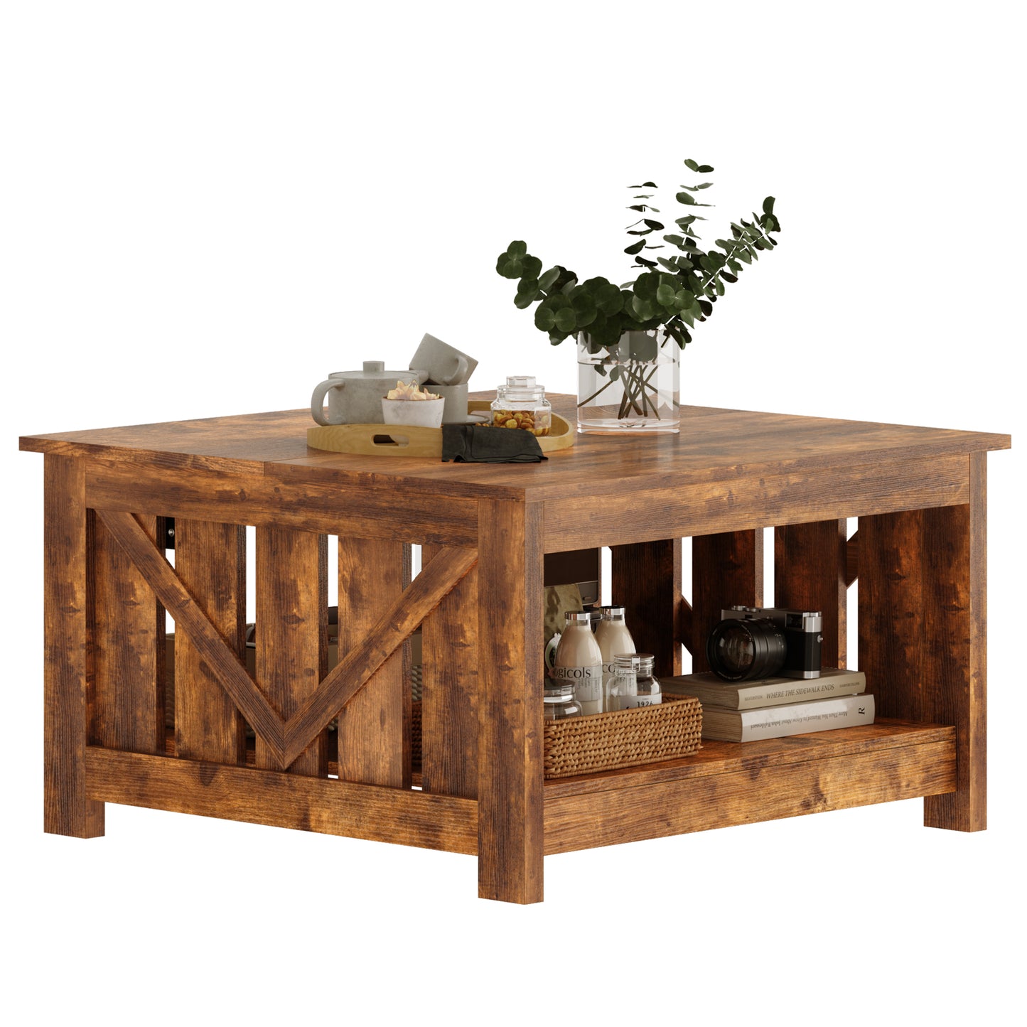 WOWLIVE Lift Top Farmhouse Coffee Table with Storage, Wood Cocktail Table