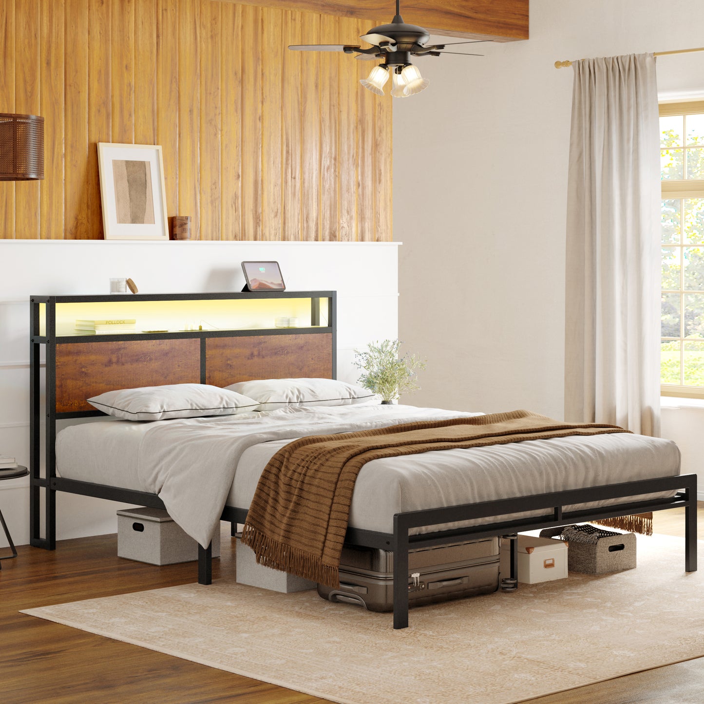 WOWLIVE Bed Frame with LED Light and Charging Station, Metal Frame with Storage Headboard, Large Storage Space, No Spring Box Needed
