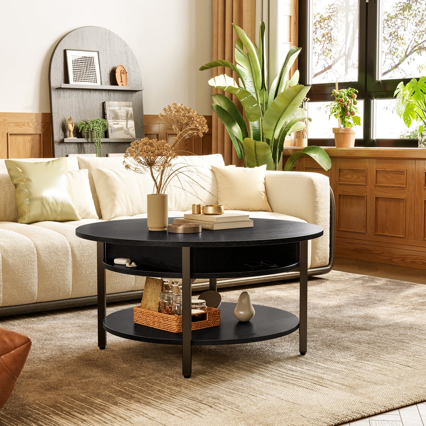 WOWLIVE 27"W Lift-Top Wood Coffee Table, Small Round Cocktail Table with Storage and Hidden Compartment for Living Room