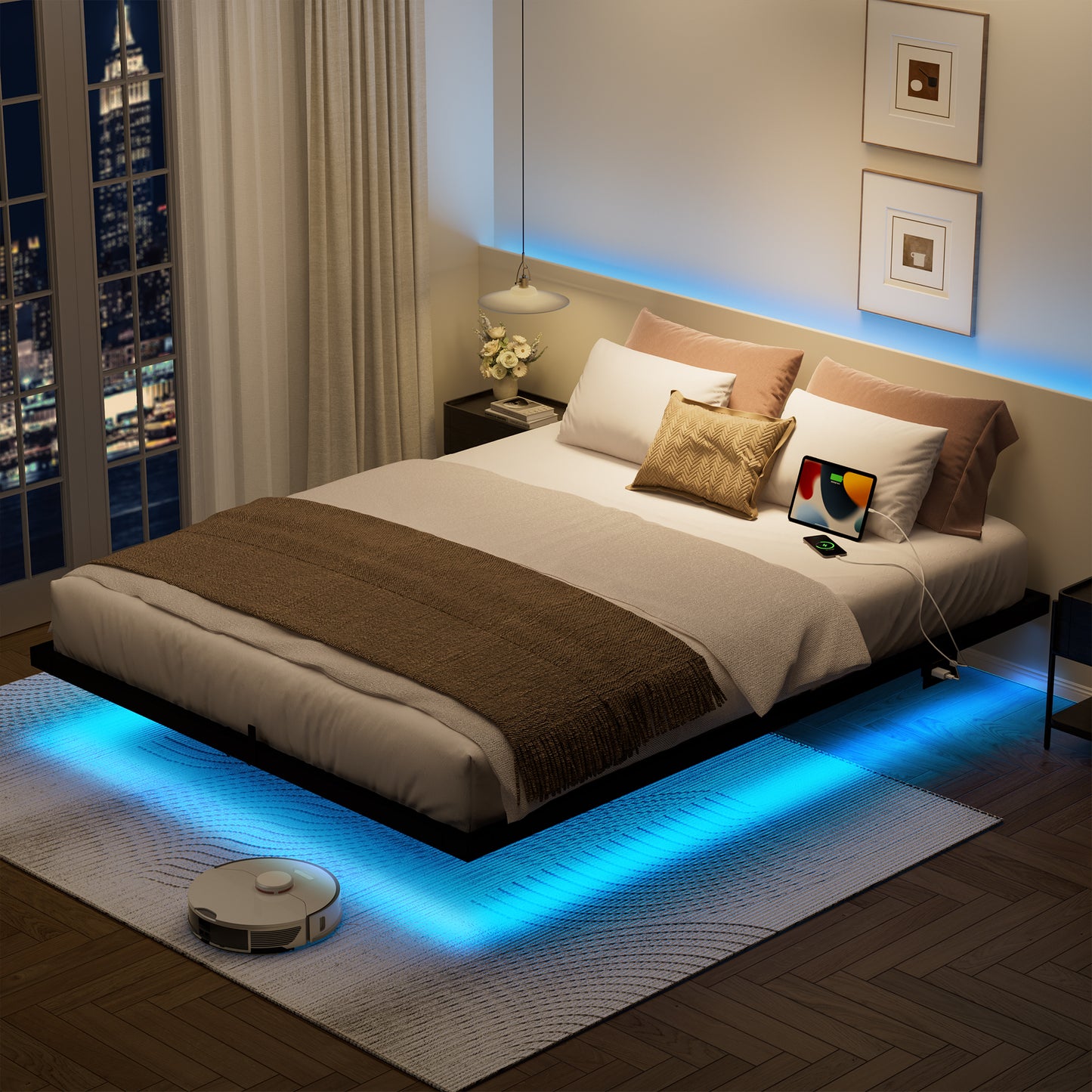 WOWLIVE Floating Bed Frame Twin/Full/Queen/King Size with Charging Station and LED Lights