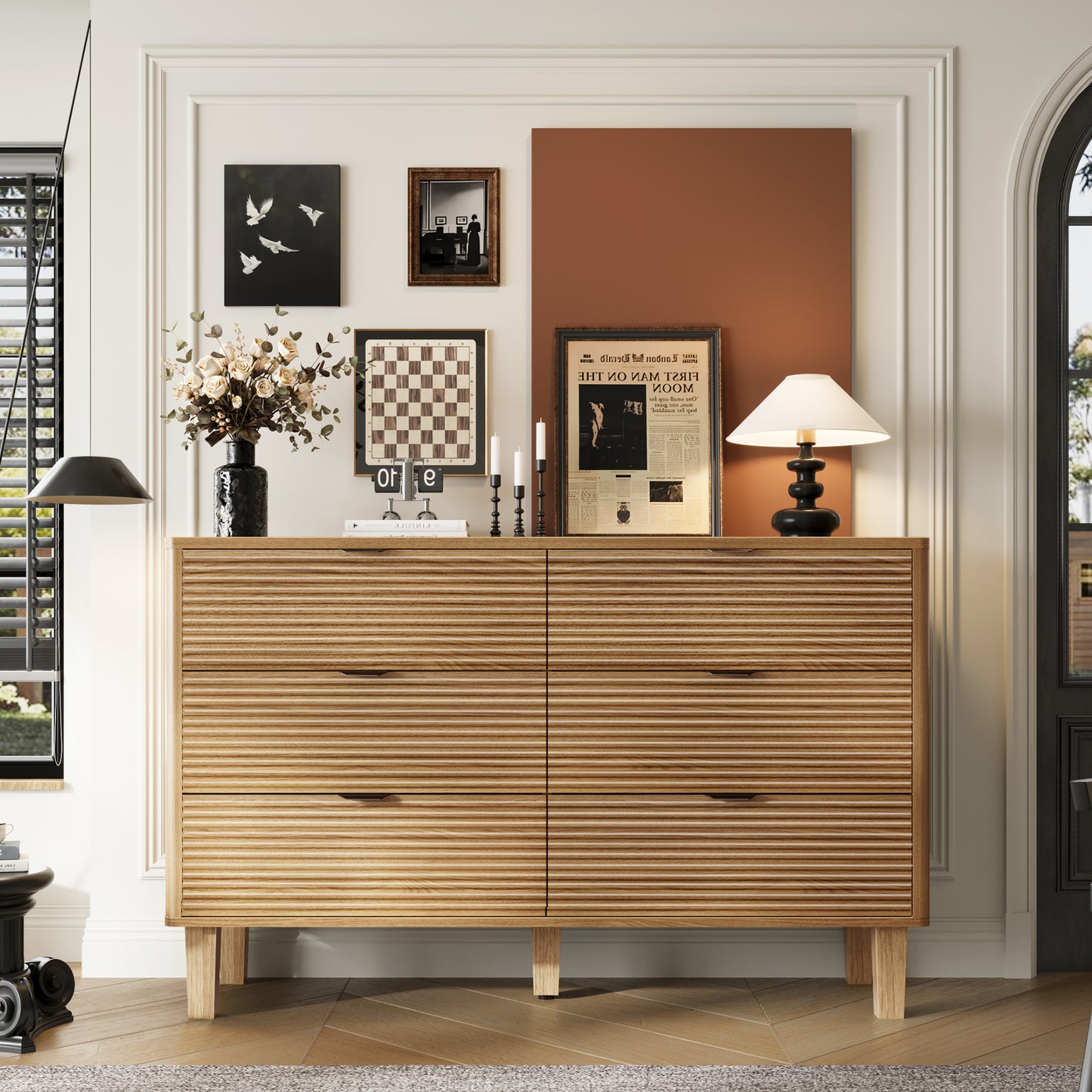 WOWLIVE 6 Drawer Dresser with Deep Drawers, Mid-Century Style Chest of Drawers for Bedroom