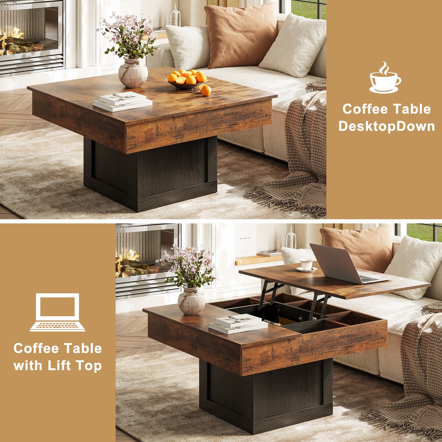 WOWLIVE Lift Top Coffee Table With Hidden Storage & LED light Strip