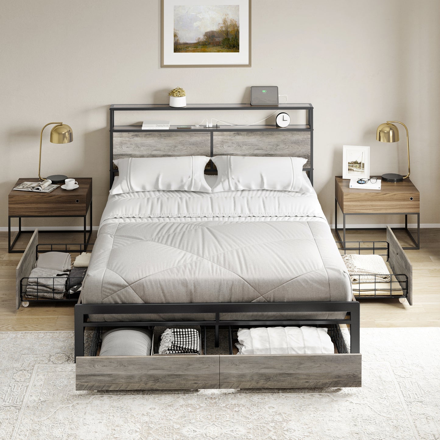 WOWLIVE Bed Frame with 4 Drawers, Modern bed with LED Light and Charging Station, Storage Headboard, No Spring Box Needed