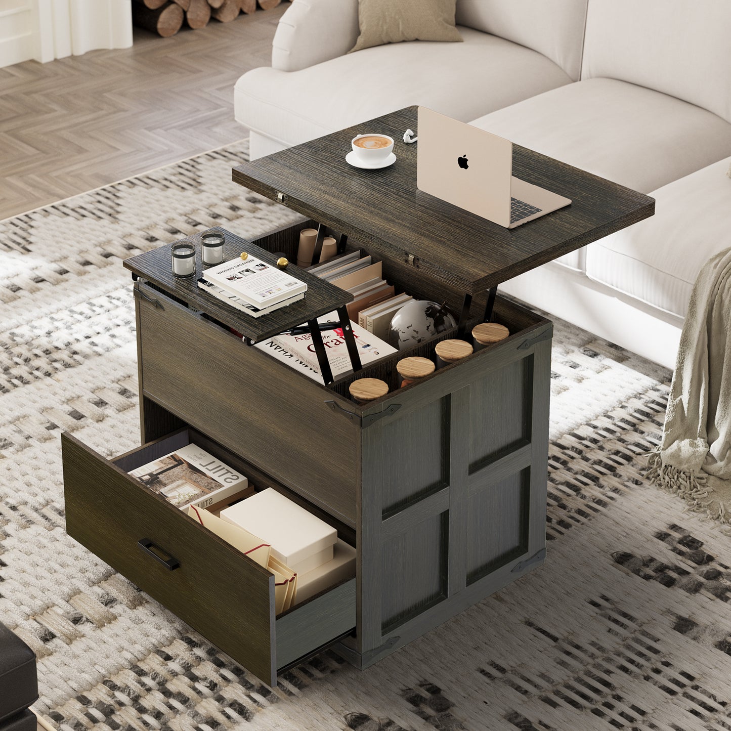 WOWLIVE Farmhourse Wood Square Coffee Table, Lift Top Coffee Table with 4-in-1 Storage