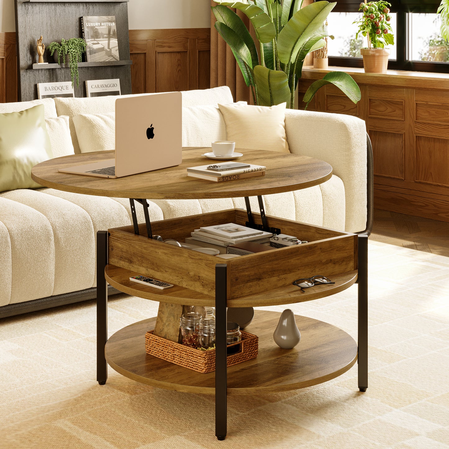 WOWLIVE 27"W Lift-Top Wood Coffee Table, Small Round Cocktail Table with Storage and Hidden Compartment for Living Room