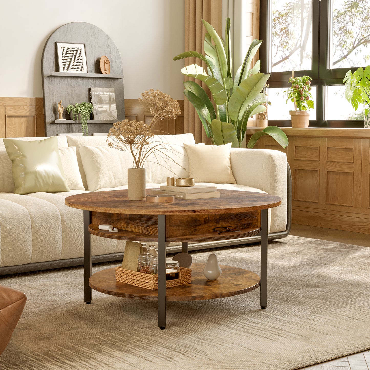 WOWLIVE 27"W Lift-Top Wood Coffee Table, Small Round Cocktail Table with Storage and Hidden Compartment for Living Room