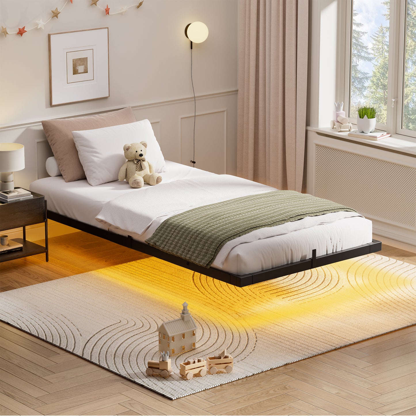 WOWLIVE Floating Bed Frame Twin/Full/Queen/King Size with Charging Station and LED Lights