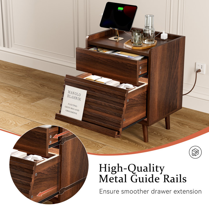 WOWLIVE Wooden Nightstand with 2 Drawers, Modern Bedside Table with Outlets & LED Lights, File Cabinet