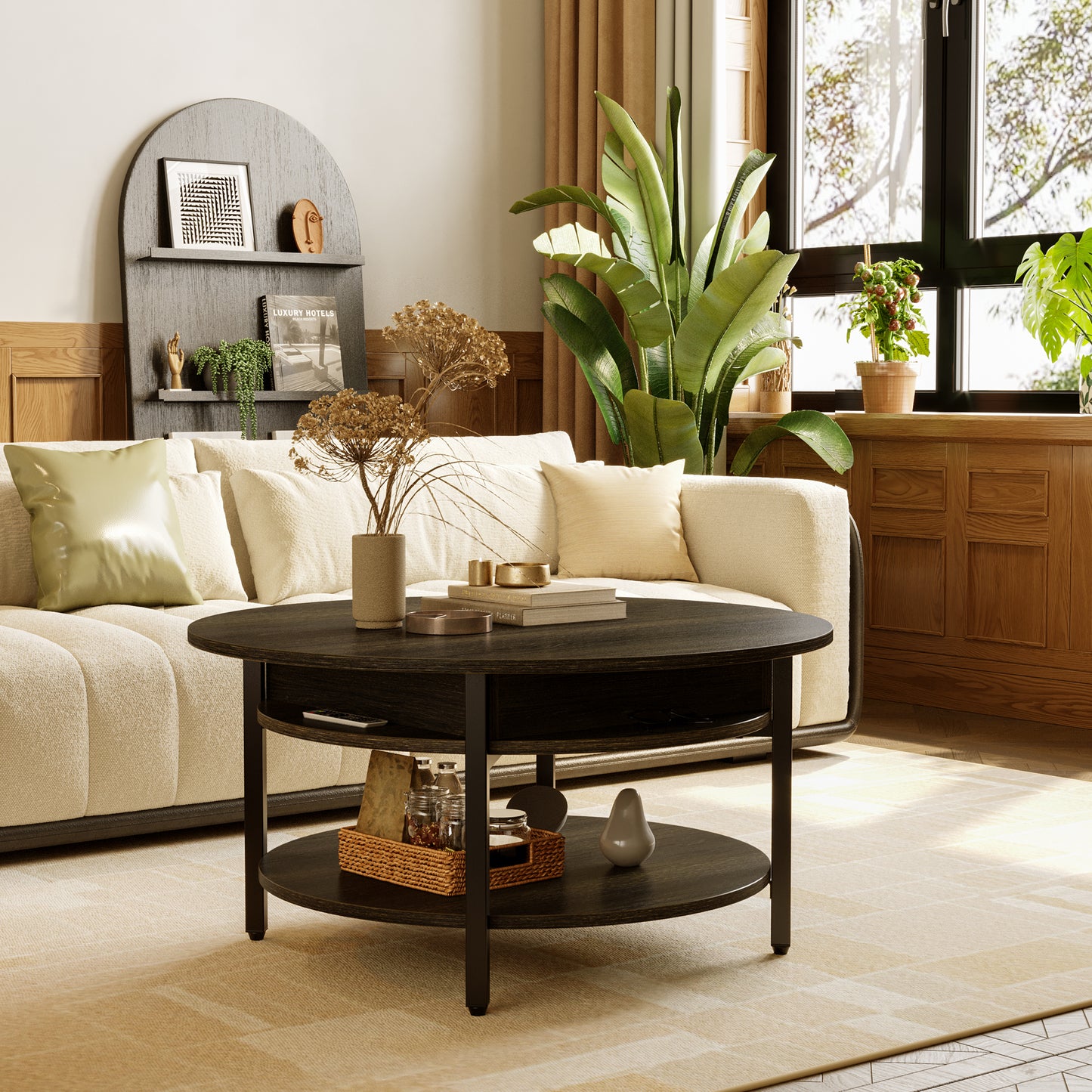 WOWLIVE 27"W Lift-Top Wood Coffee Table, Small Round Cocktail Table with Storage and Hidden Compartment for Living Room