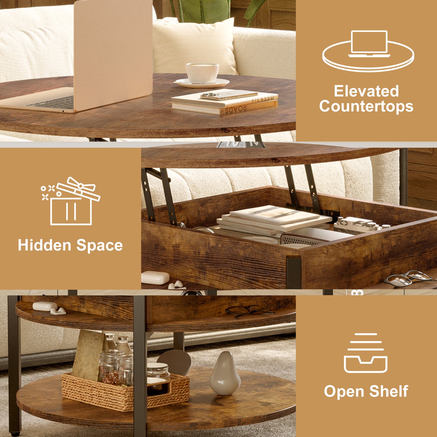 WOWLIVE 27"W Lift-Top Wood Coffee Table, Small Round Cocktail Table with Storage and Hidden Compartment for Living Room