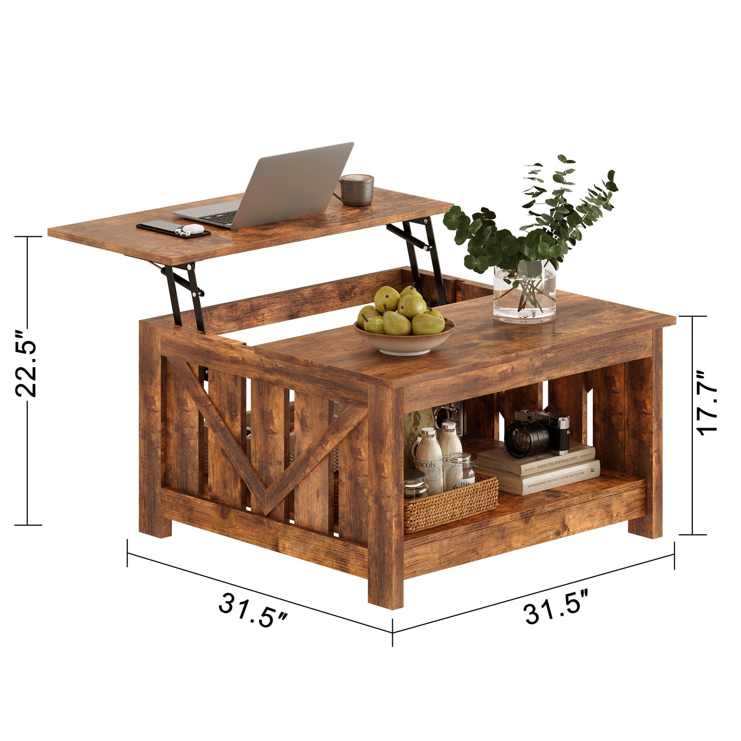 WOWLIVE Lift Top Farmhouse Coffee Table with Storage, Wood Cocktail Table